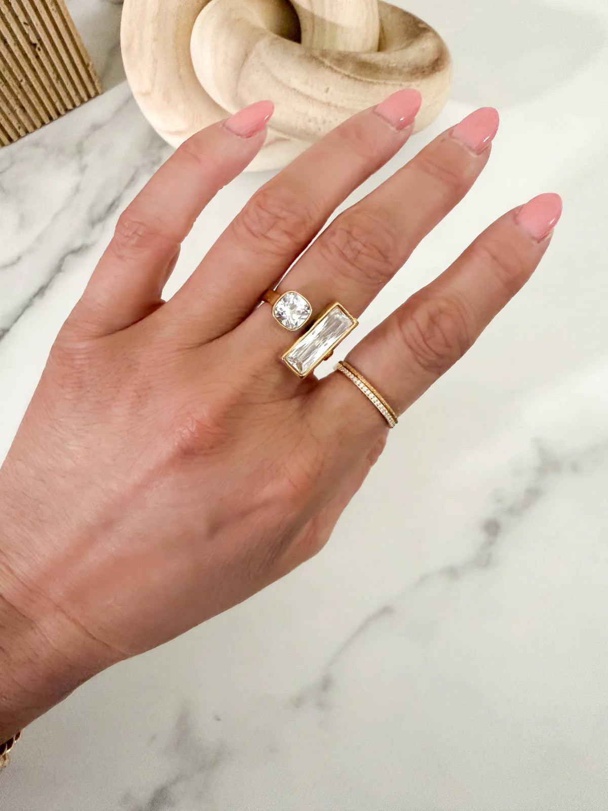 Gold Open Ring with Baguette & Round Crystal - Rural Haze