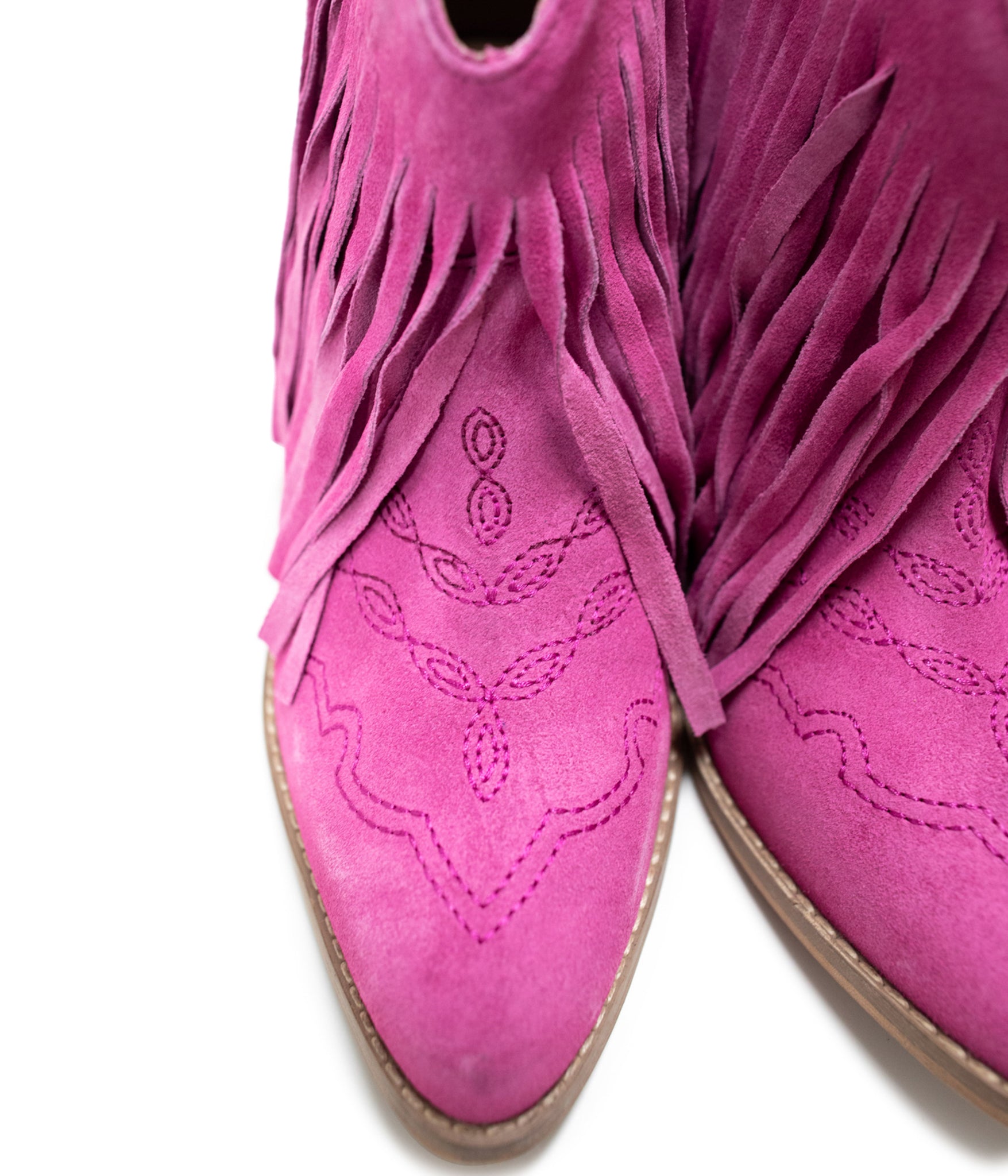 Amos Fringe Ankle Bootie in Magenta Suede