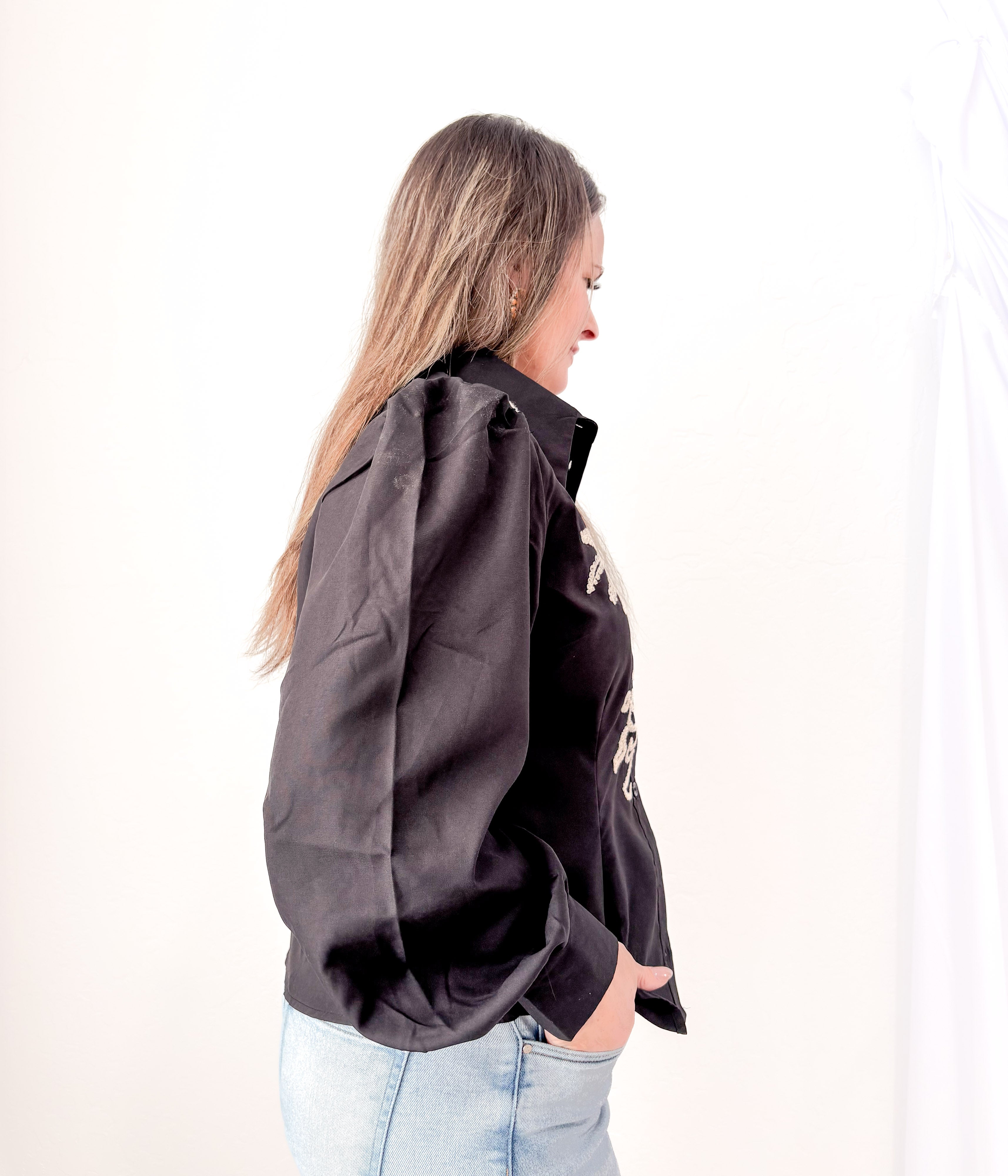 Embroidered Long Sleeve Black  Button Up Top