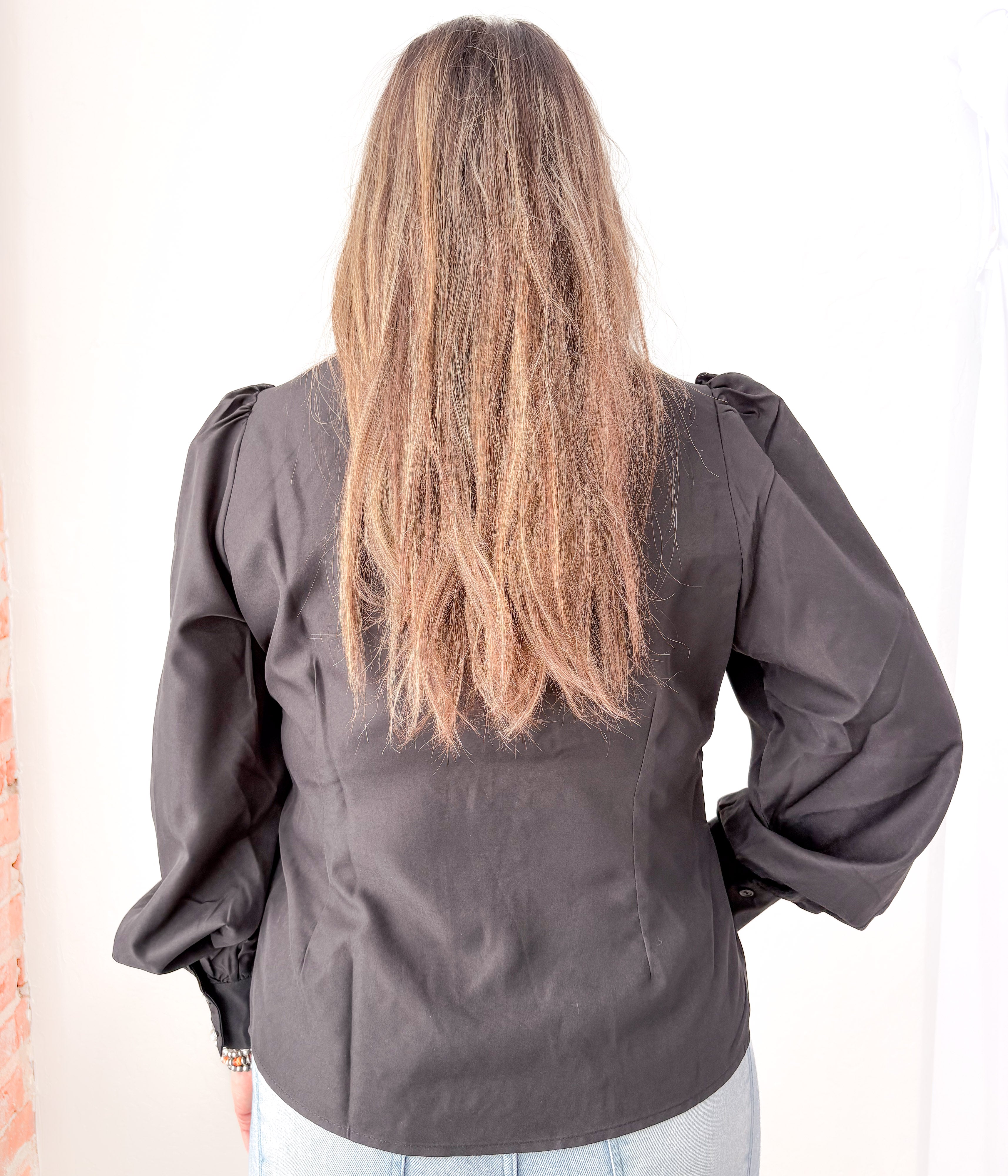 Embroidered Long Sleeve Black  Button Up Top