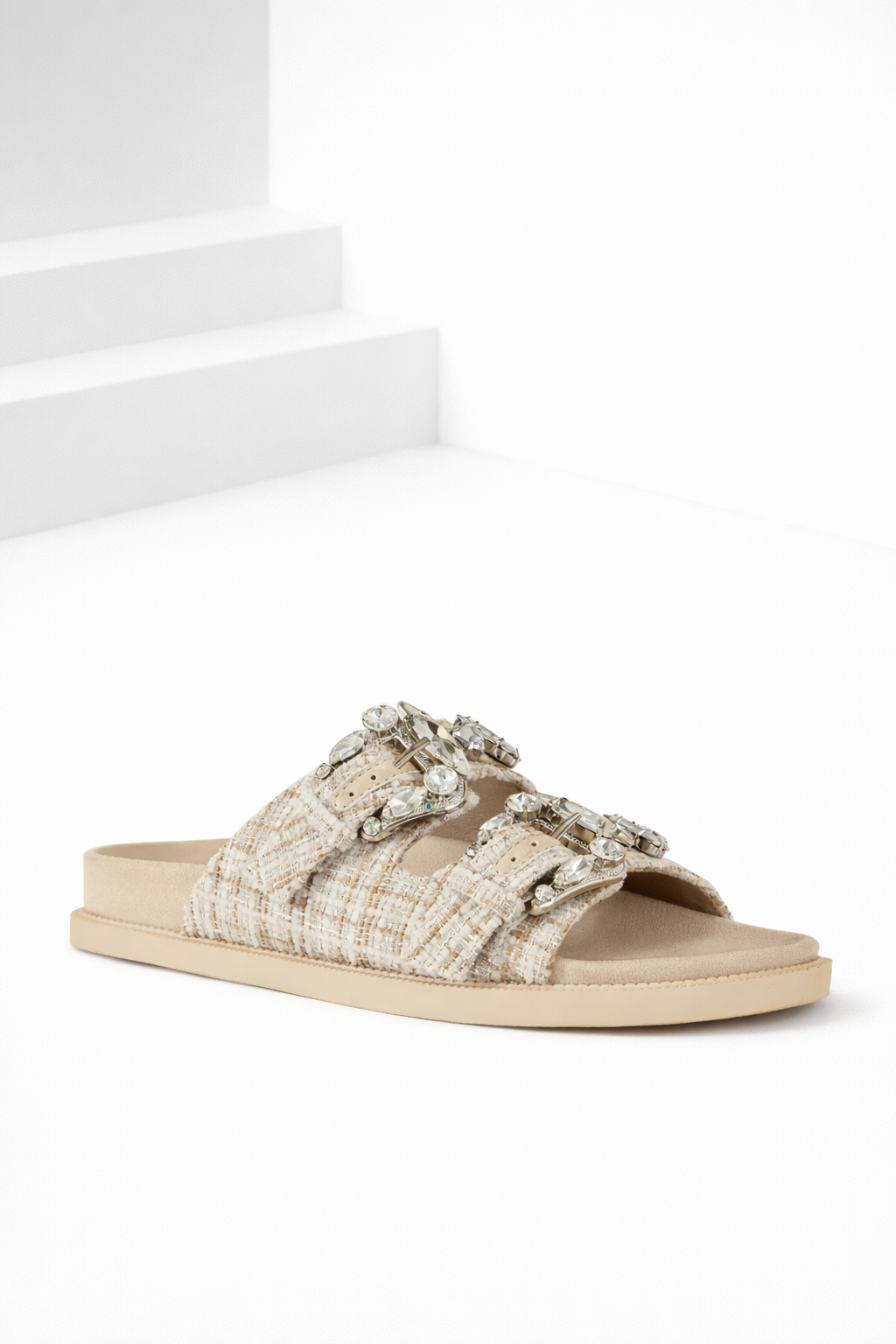 Dontae Beige Woven Sandal with Rhinestone Adjustable Straps