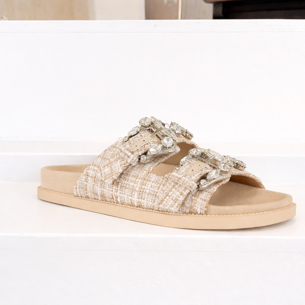 Dontae Beige Sandal with Crystal Buckles