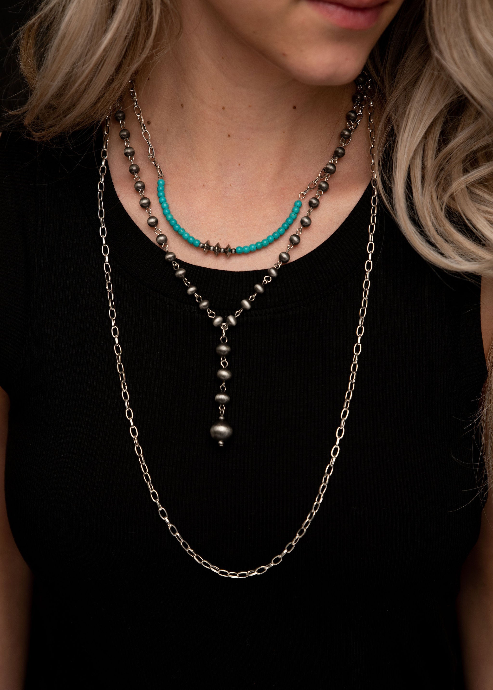 Multi Layer Burnished Silver Chain and Turquoise Necklace