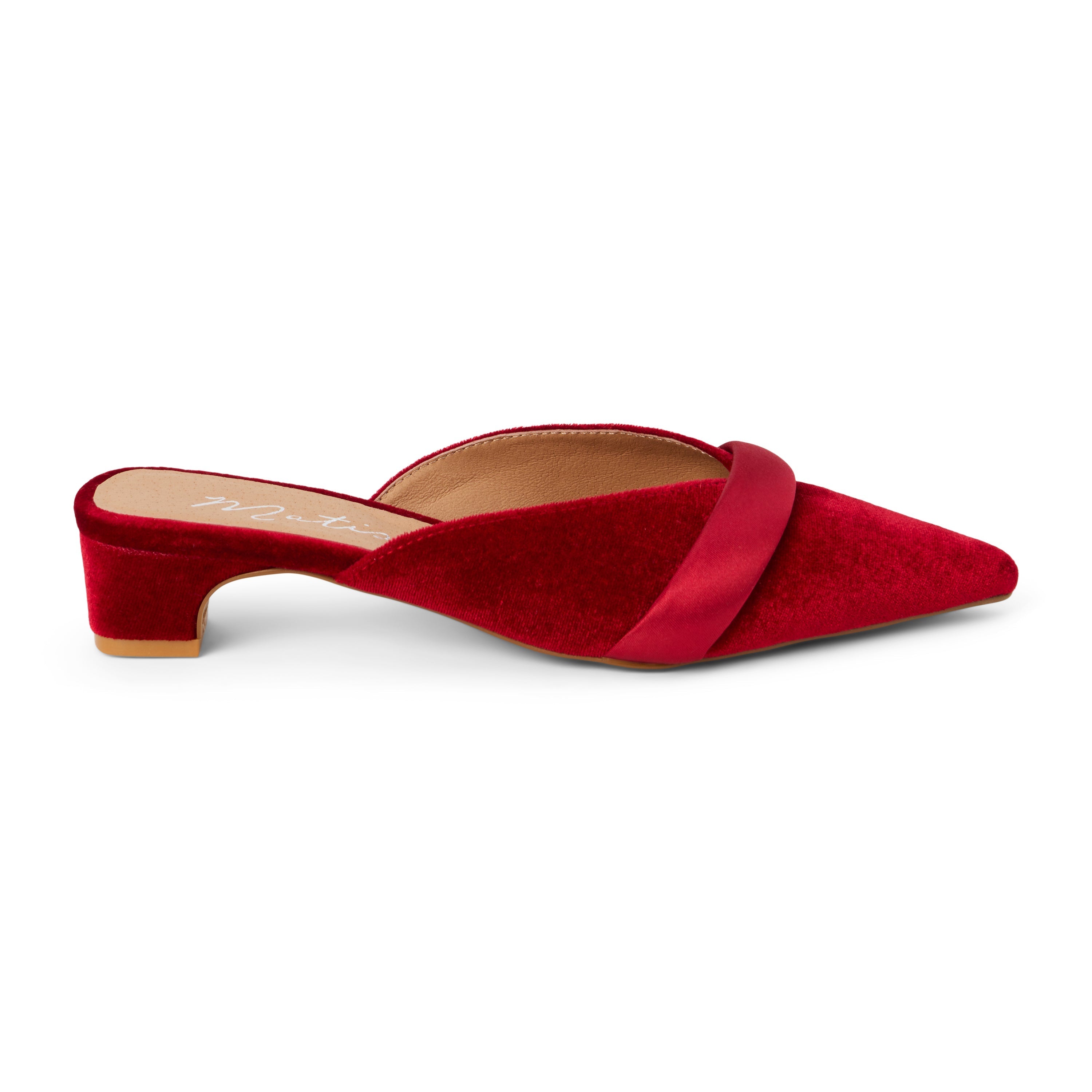 Kellan Heeled Mule – Matisse Footwear – Red velvet mule with a pointed toe, asymmetrical satin strap, and low block heel. A bold and elegant style that effortlessly elevates day-to-night dressing.