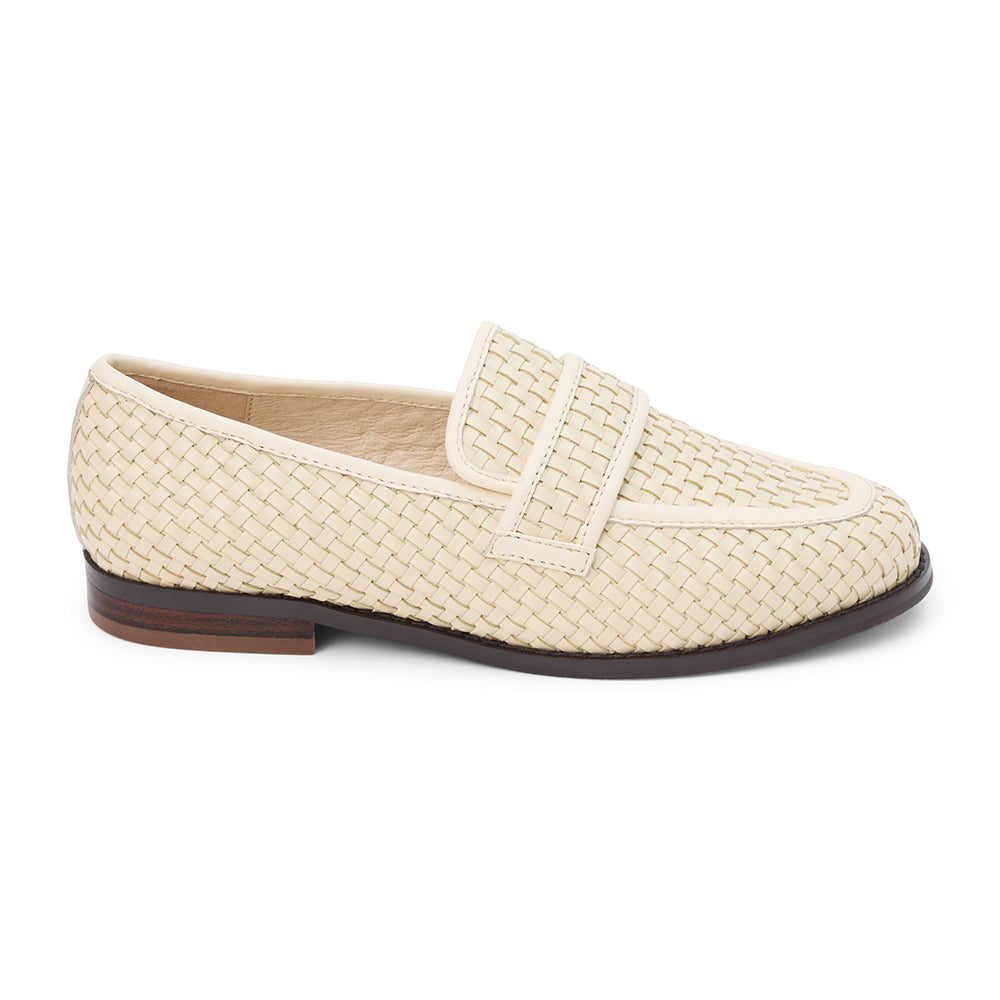 Ned Loafer – Matisse Footwear – Cream-colored woven leather loafer with a structured silhouette, round toe, and low stacked heel. A timeless menswear-inspired flat with artisanal texture and refined polish for everyday sophistication.