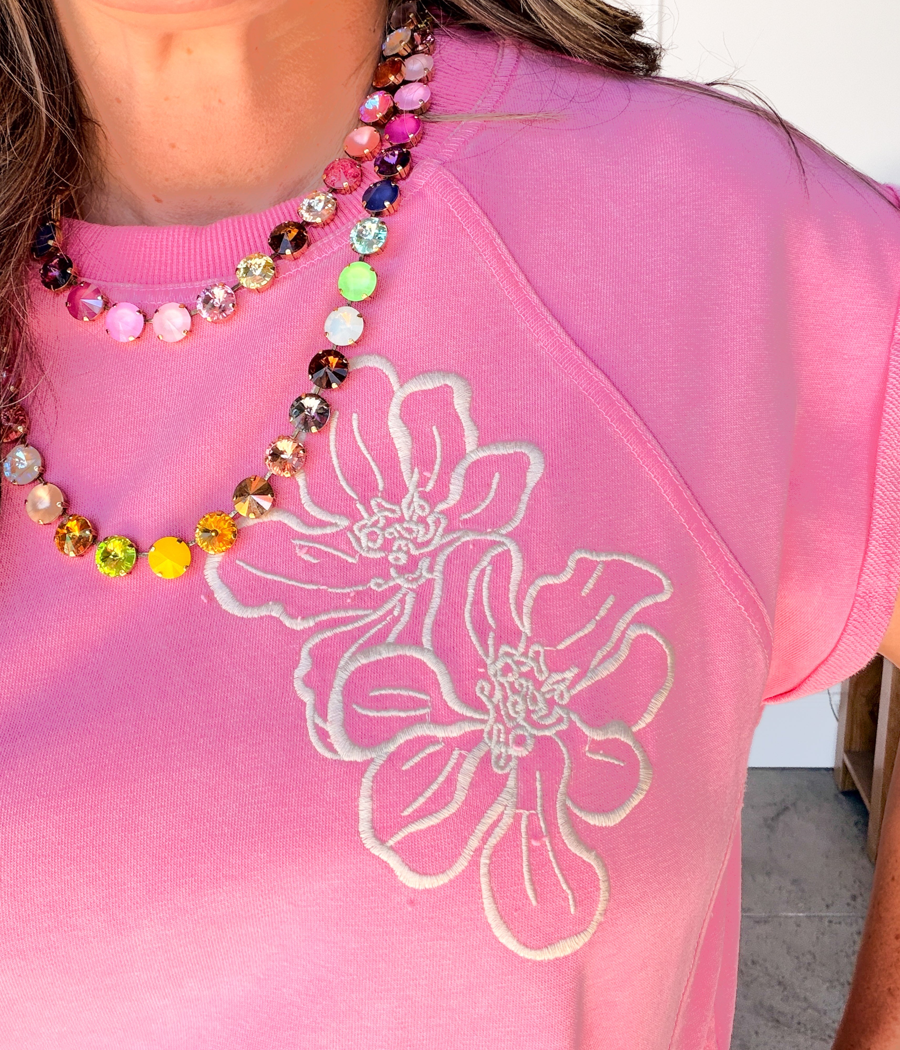 Pink Floral Short Sleeve Sweatshirt