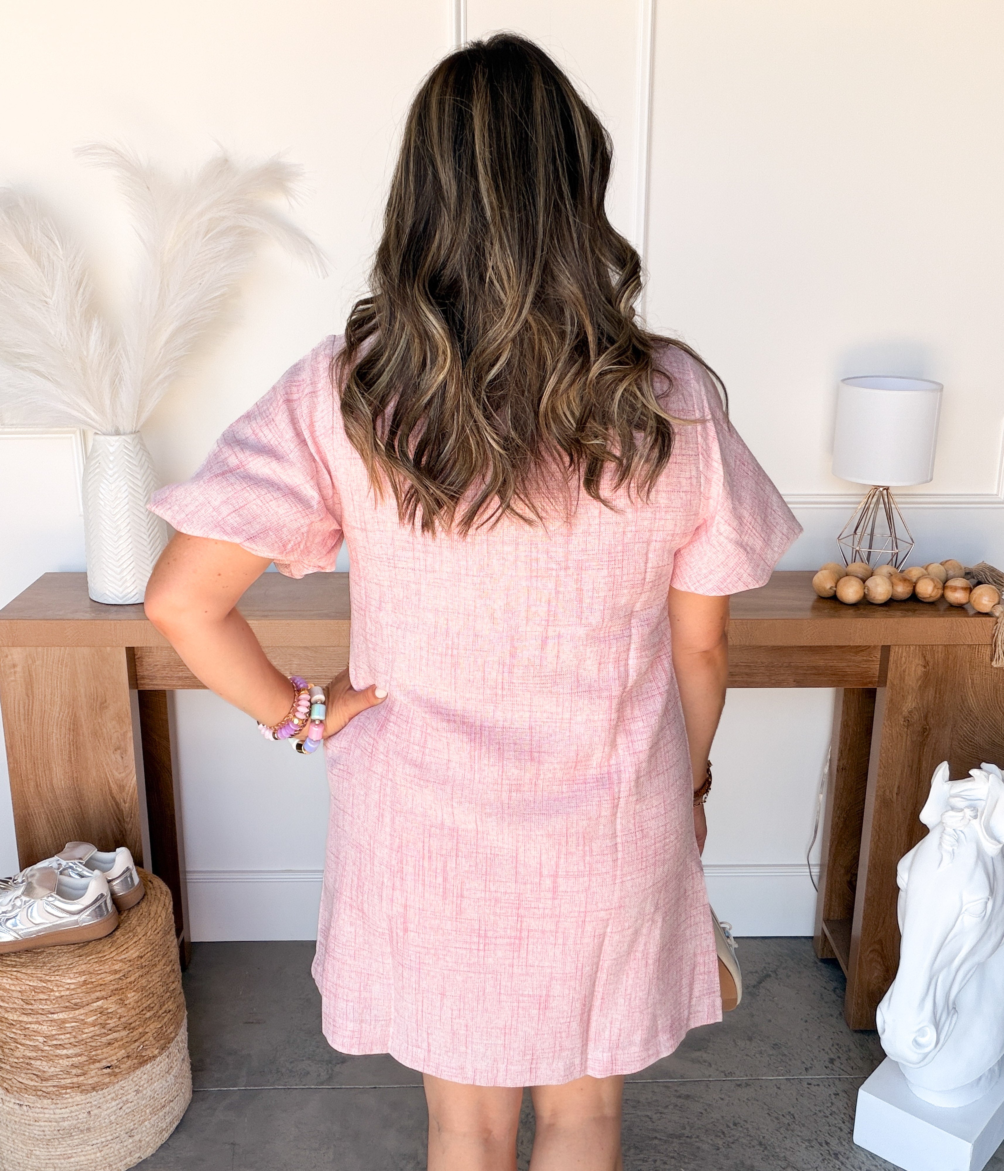 Pink Puff Sleeve Dress with Gold Buttons Medium