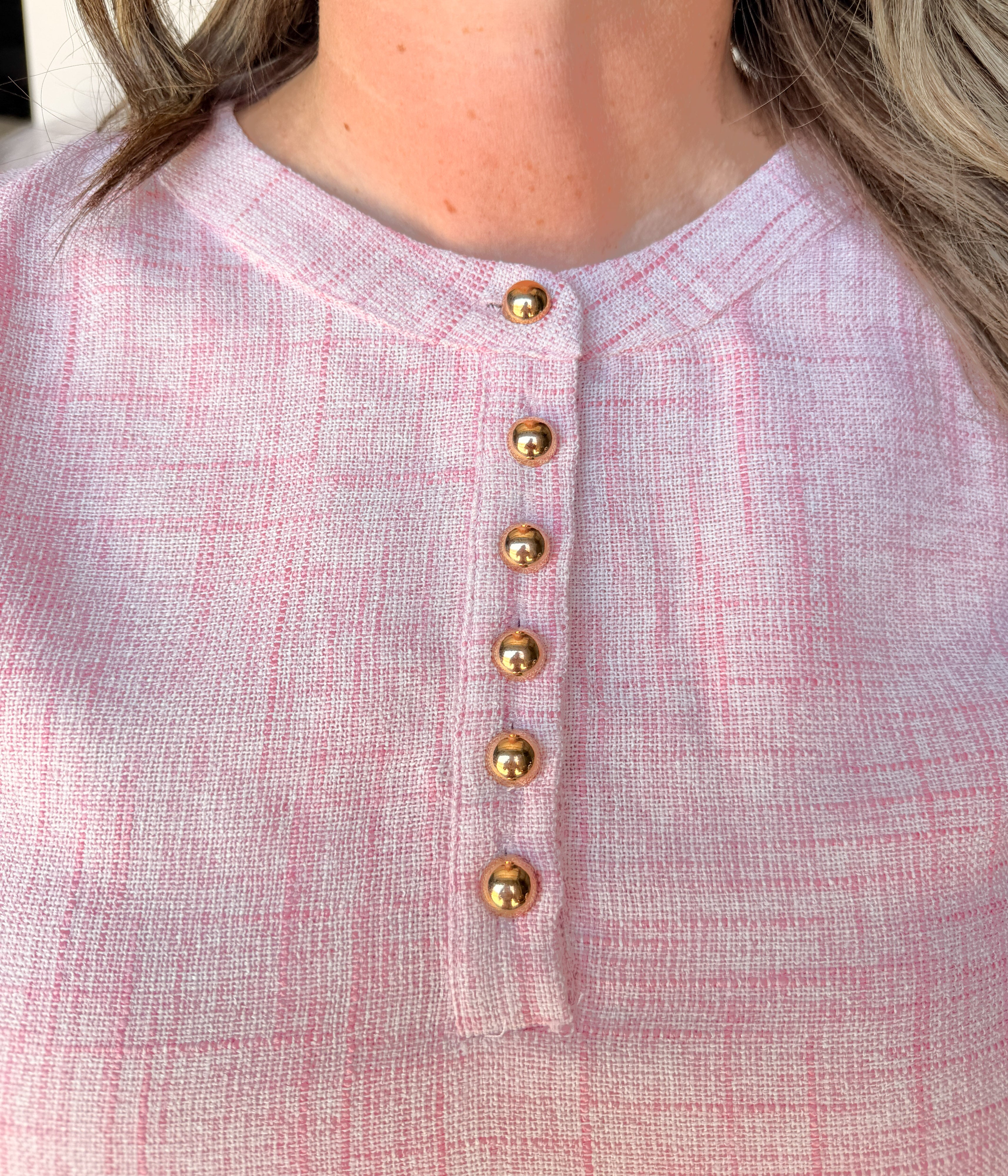 Pink Puff Sleeve Dress with Gold Buttons