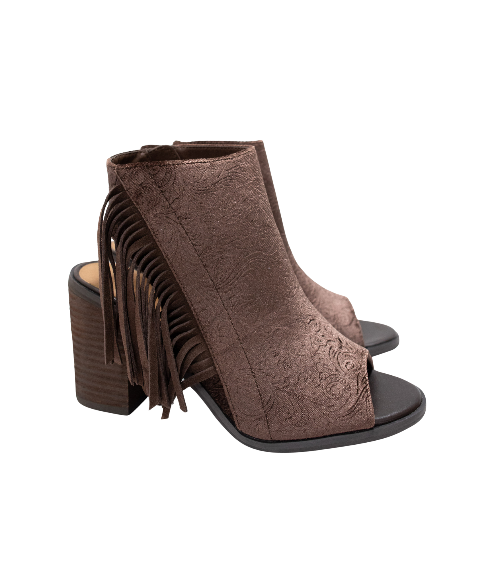 Pony Express Fringe Open Toed Ankle Boot in Brown
