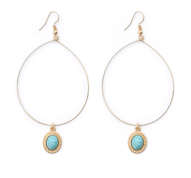Gold Wire Hoops with Turquoise Charm Earrings