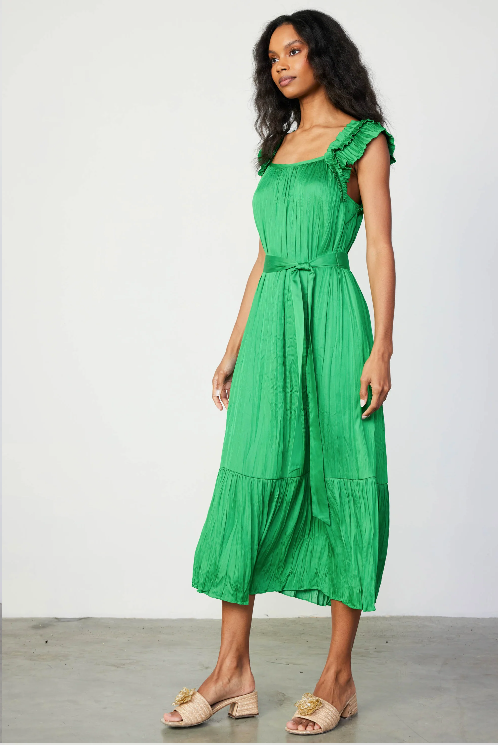 Crinkled Ruffled Shoulder Midi Dress in Emerald Green - Rural Haze