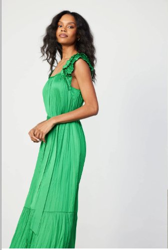 Crinkled Ruffled Shoulder Midi Dress in Emerald Green - Rural Haze