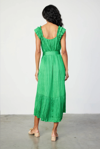 Crinkled Ruffled Shoulder Midi Dress in Emerald Green - Rural Haze