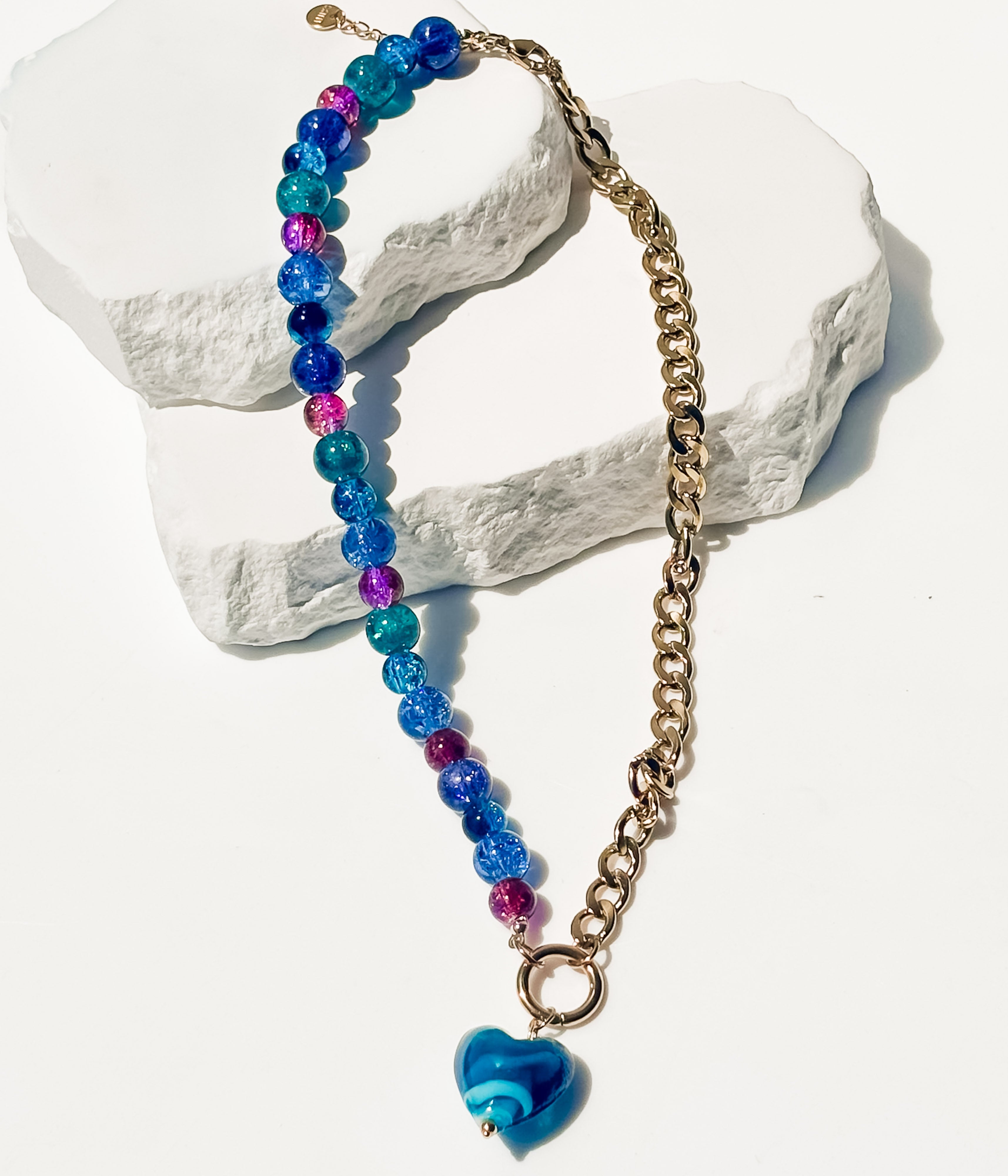 Blue Beaded Necklace with Heart Charm