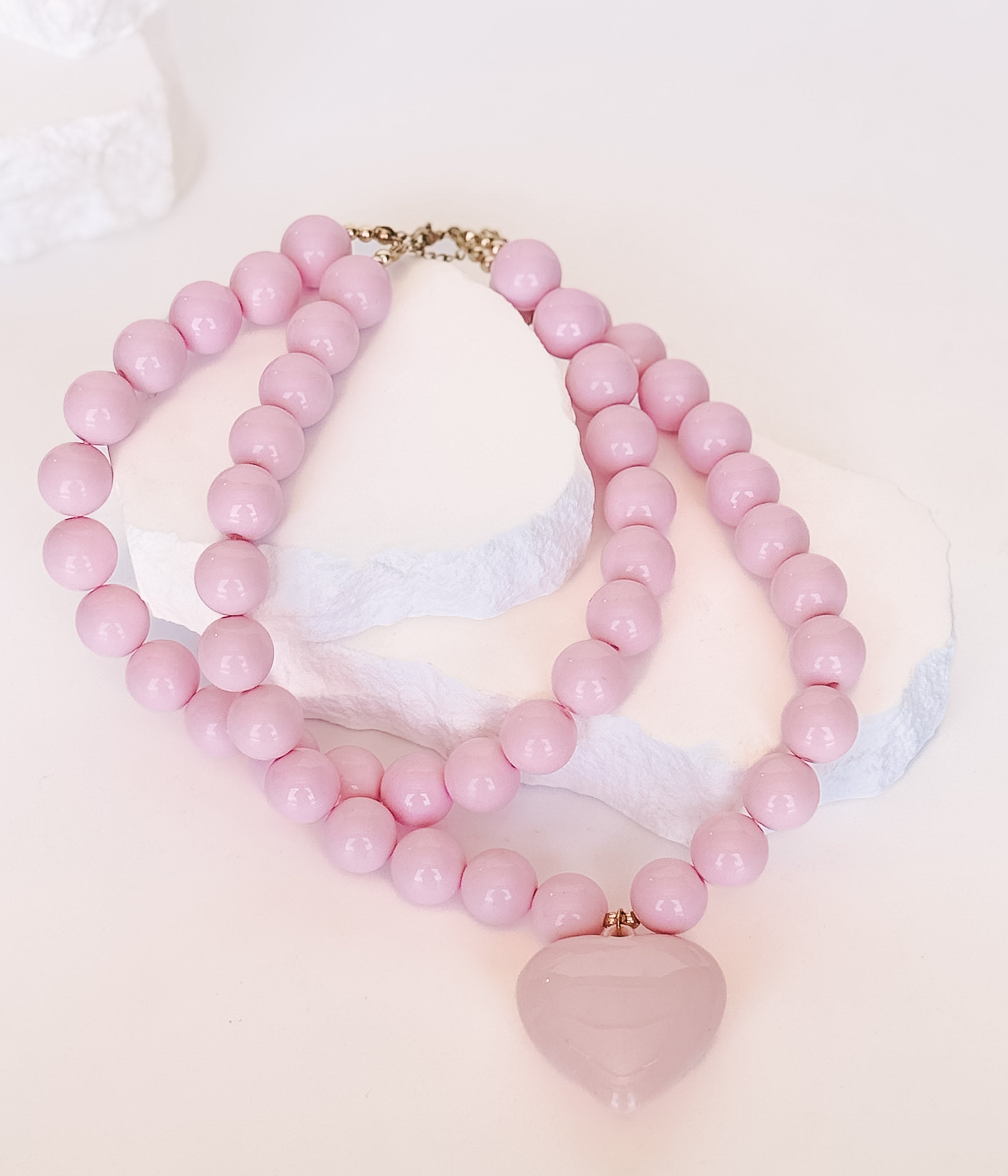 Pink Beaded Necklace with Heart Pendant