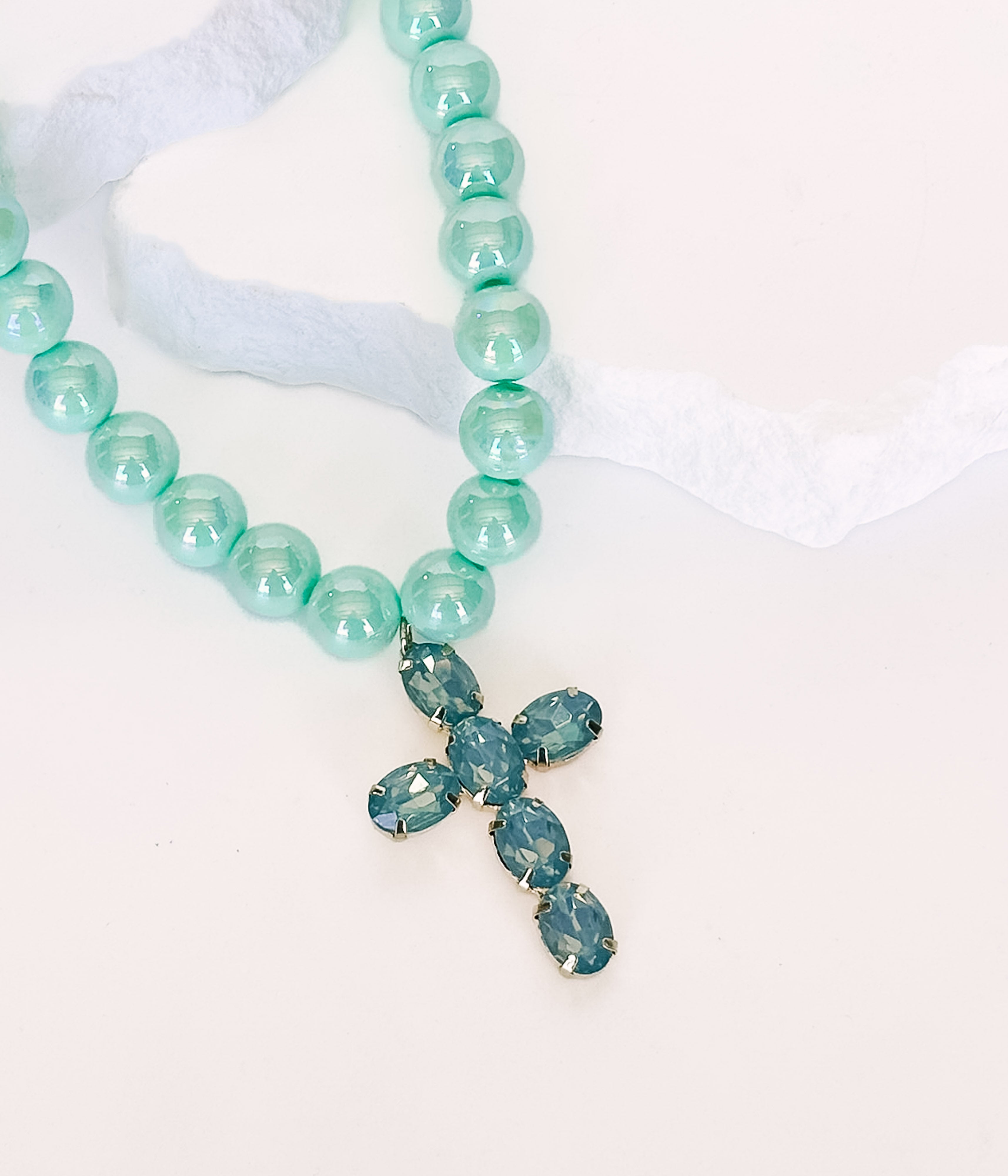 Mint Beaded Necklace with Mint Cross Pendant