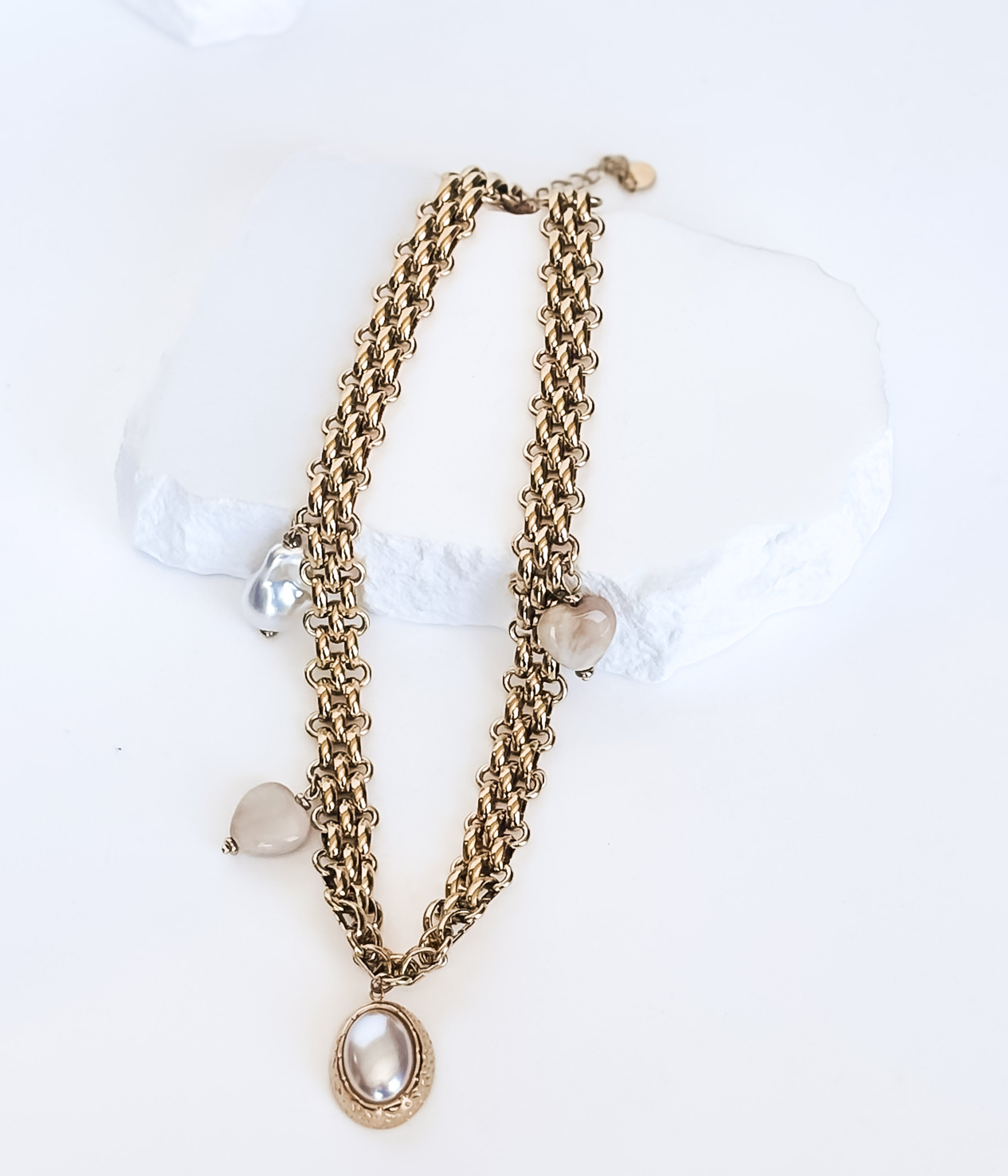 Gold Multi Chain Necklace with Pearl  & Stone Charms