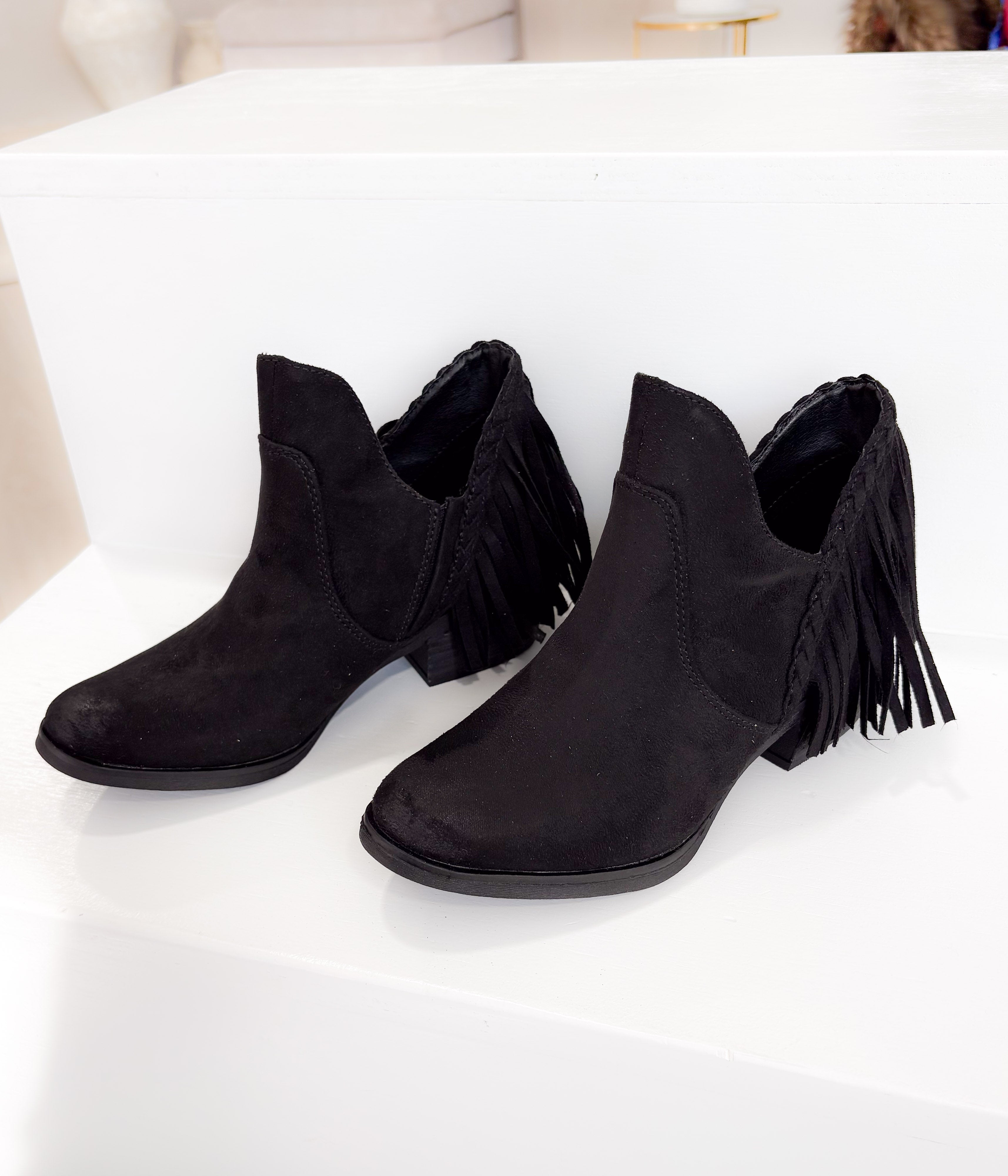 Braxton Western Fringe Ankle Boot in Black
