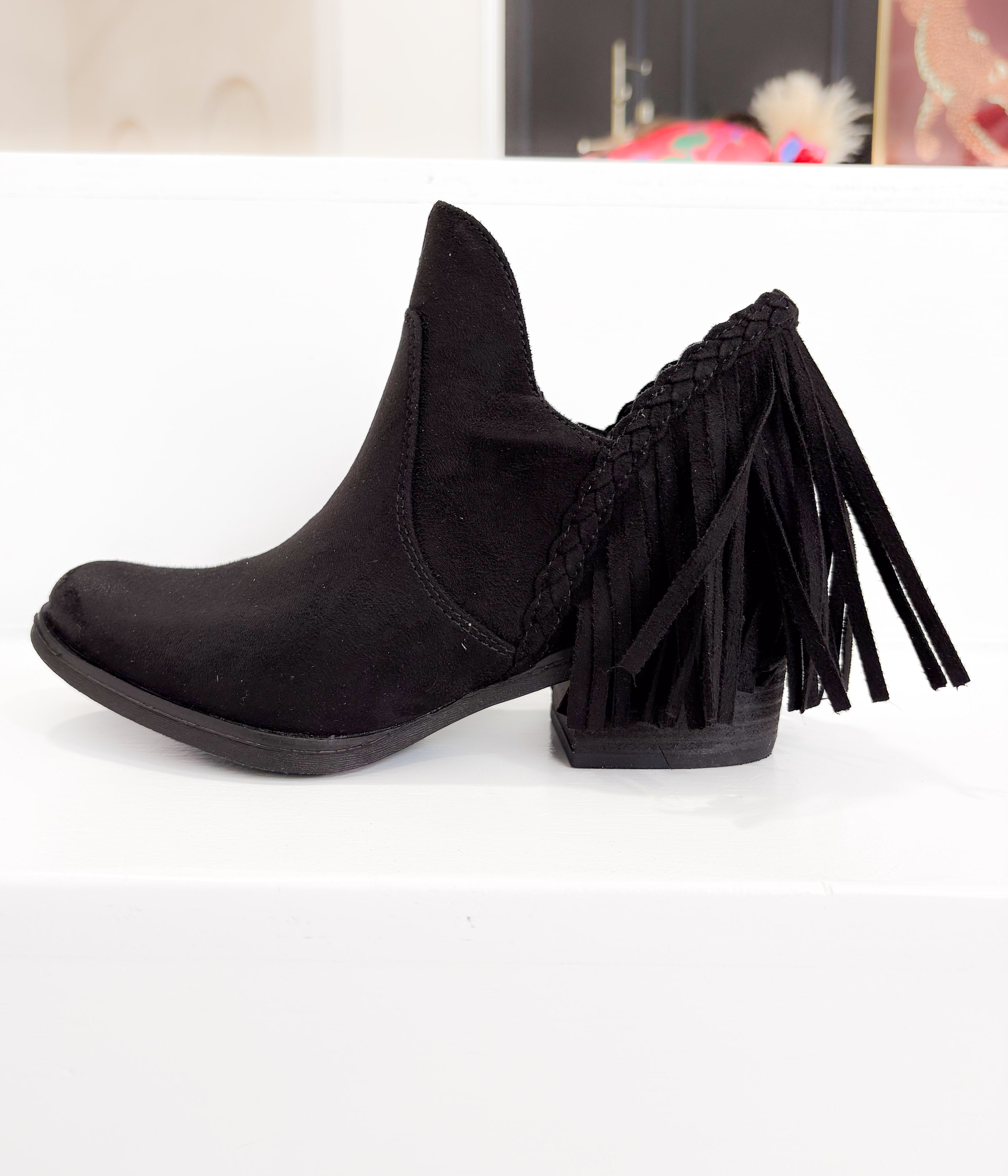 Braxton Western Fringe Ankle Boot in Black