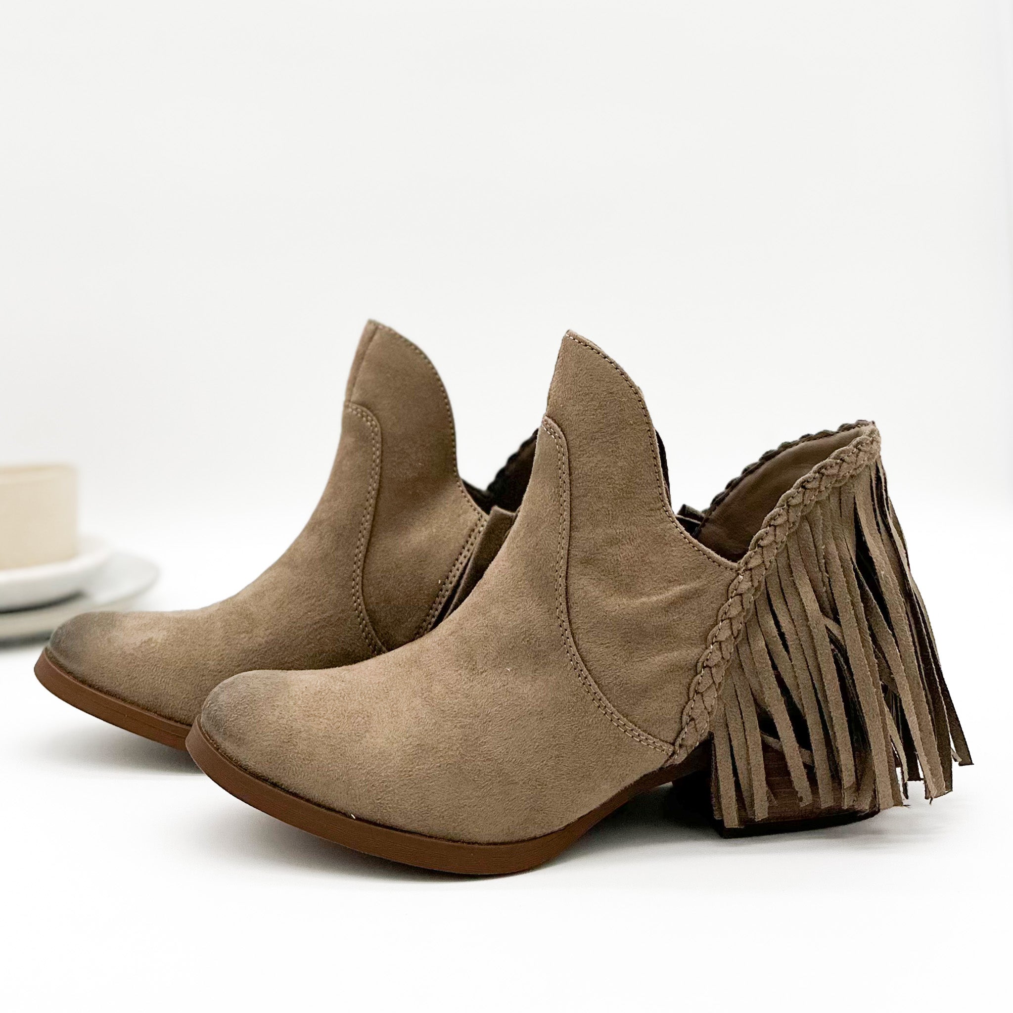 Braxton Western Fringe Ankle Boot in Taupe