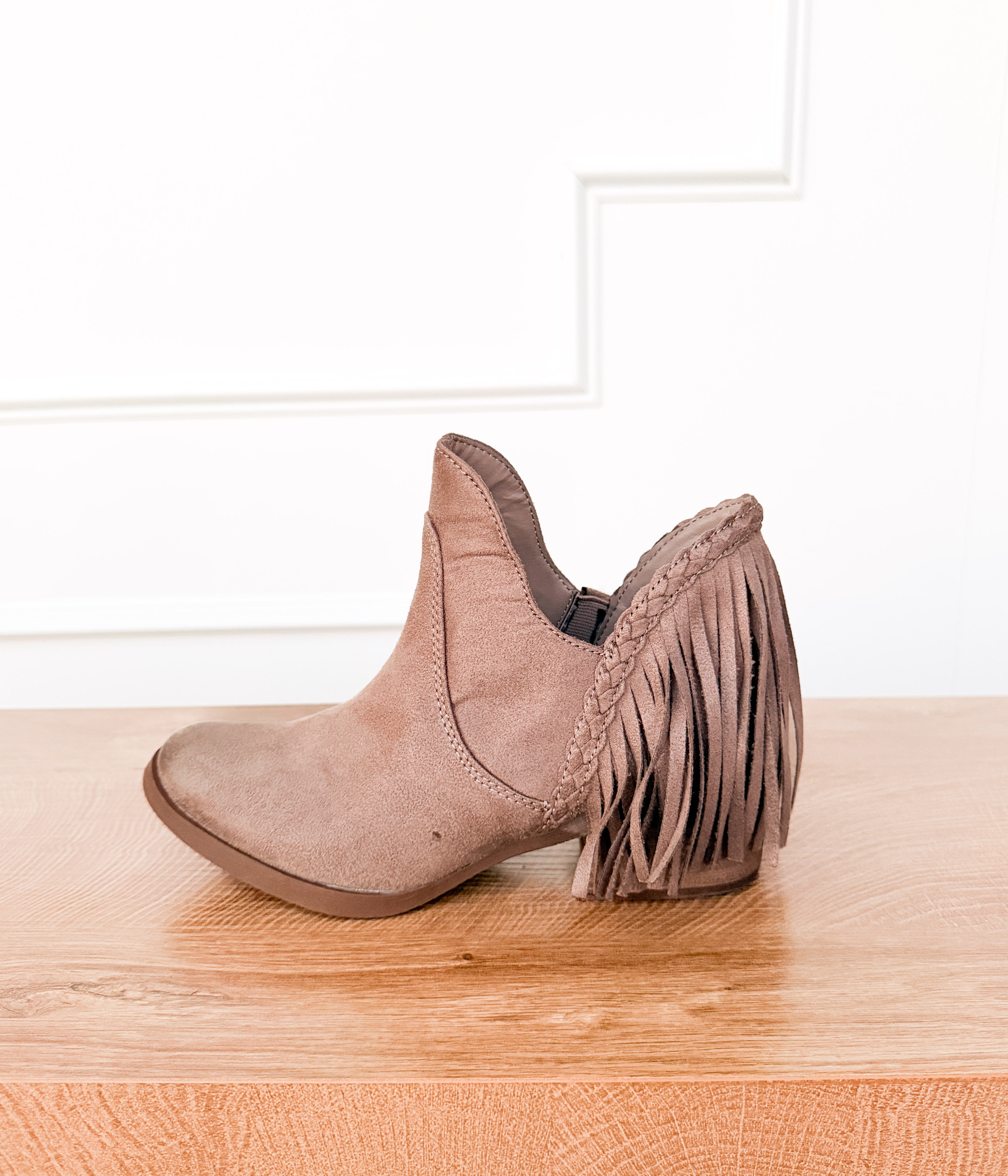 Braxton Western Fringe Ankle Boot in Taupe