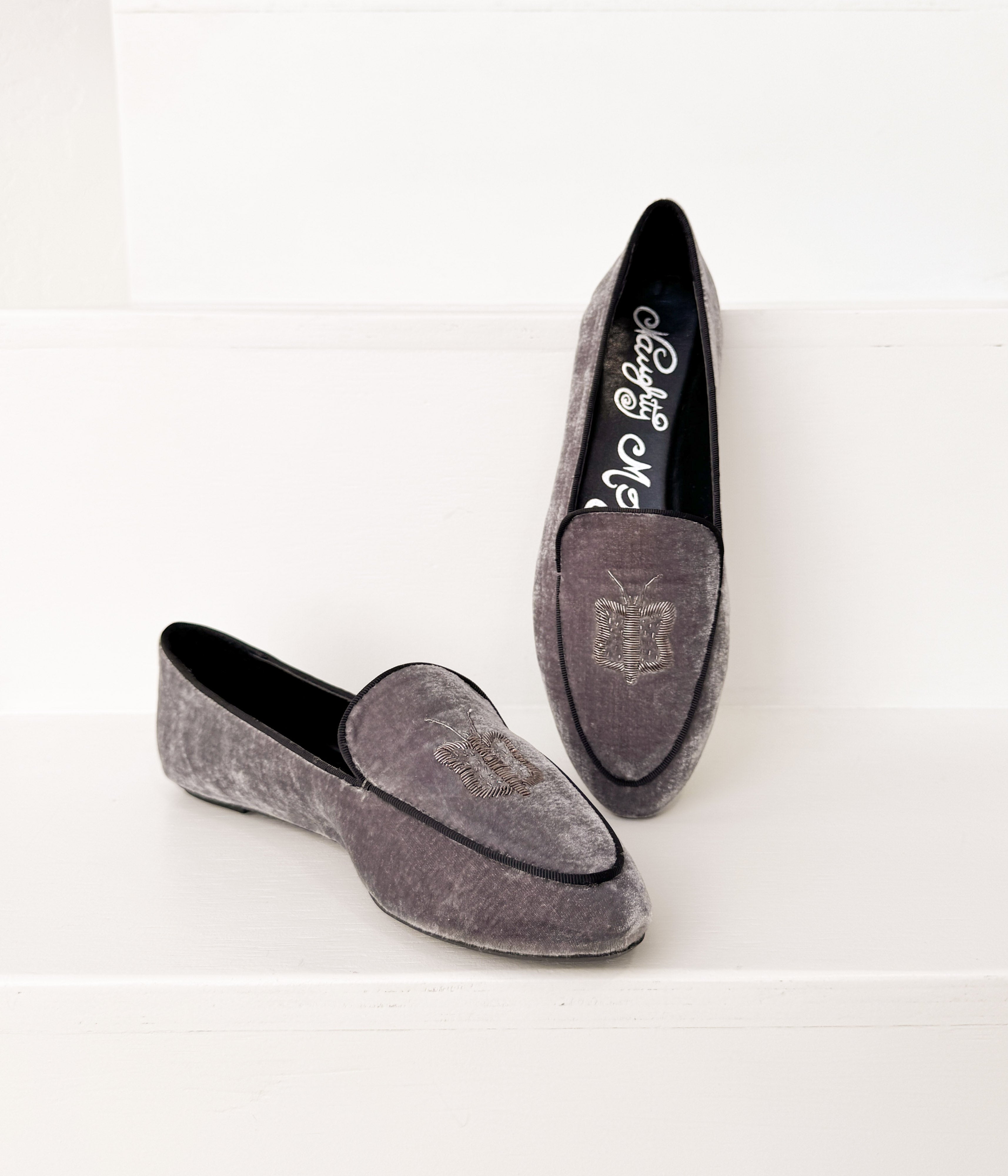 Butterfly Velvet Flats in Grey