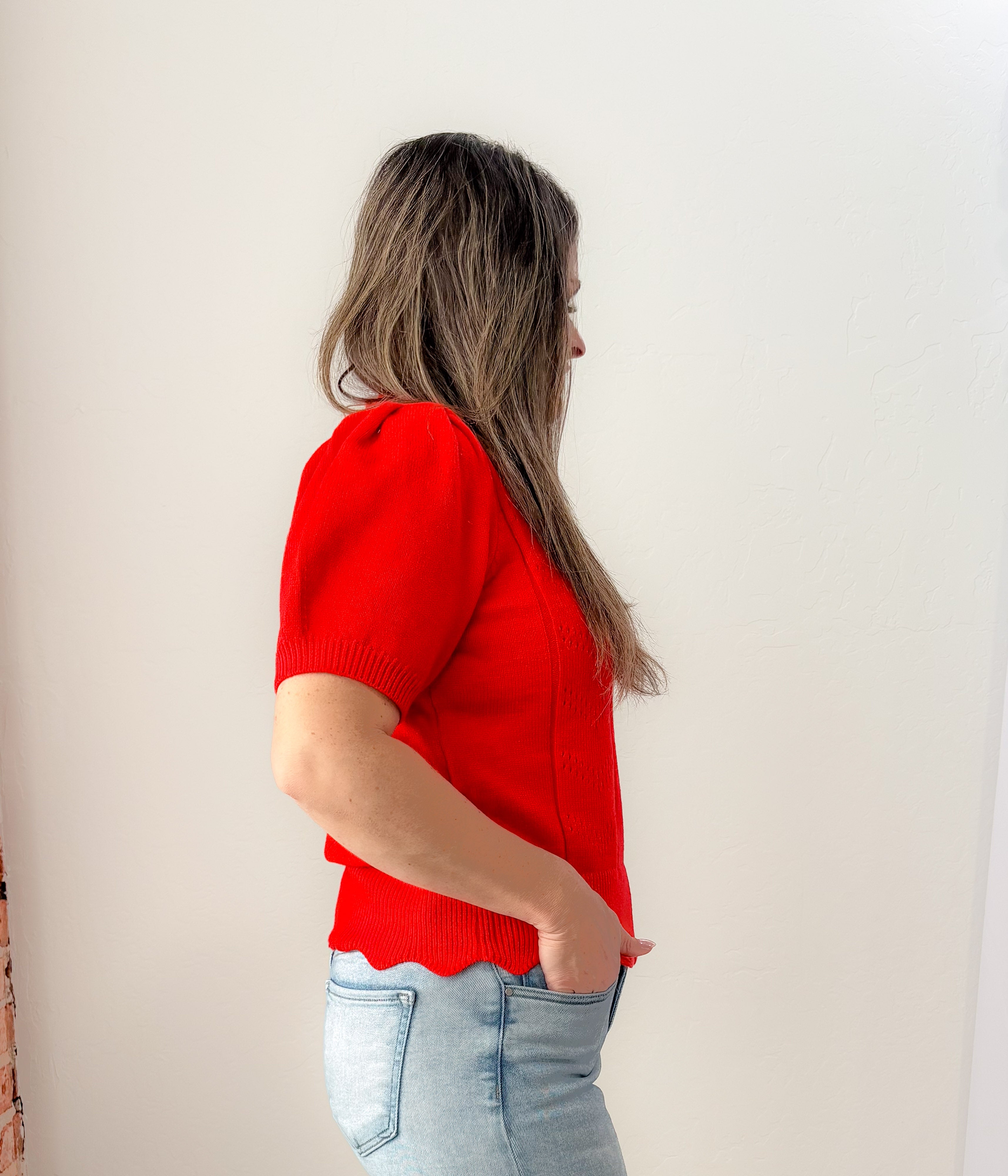 Red Puff Sleeve Scallop Hem Sweater
