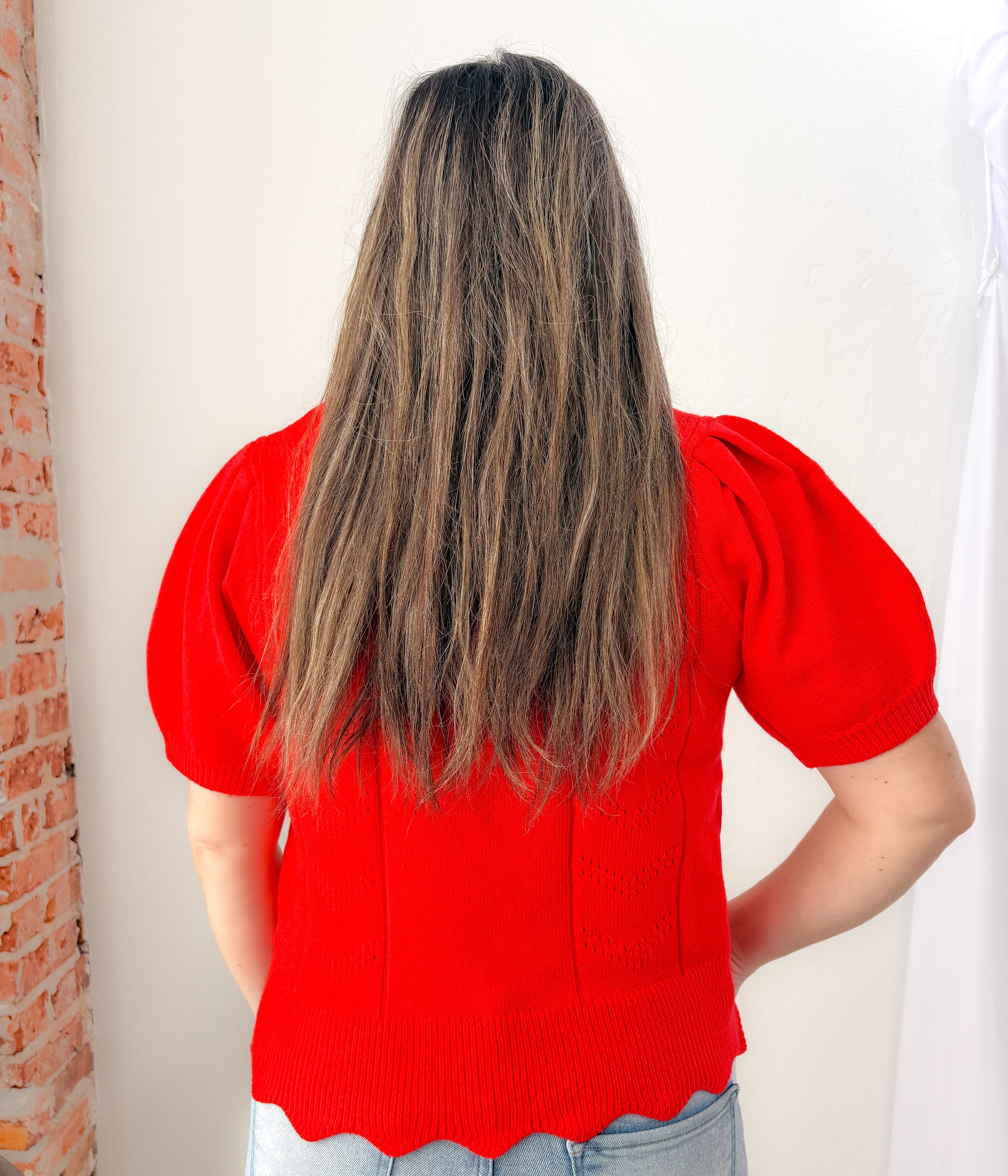 Red Puff Sleeve Scallop Hem Sweater