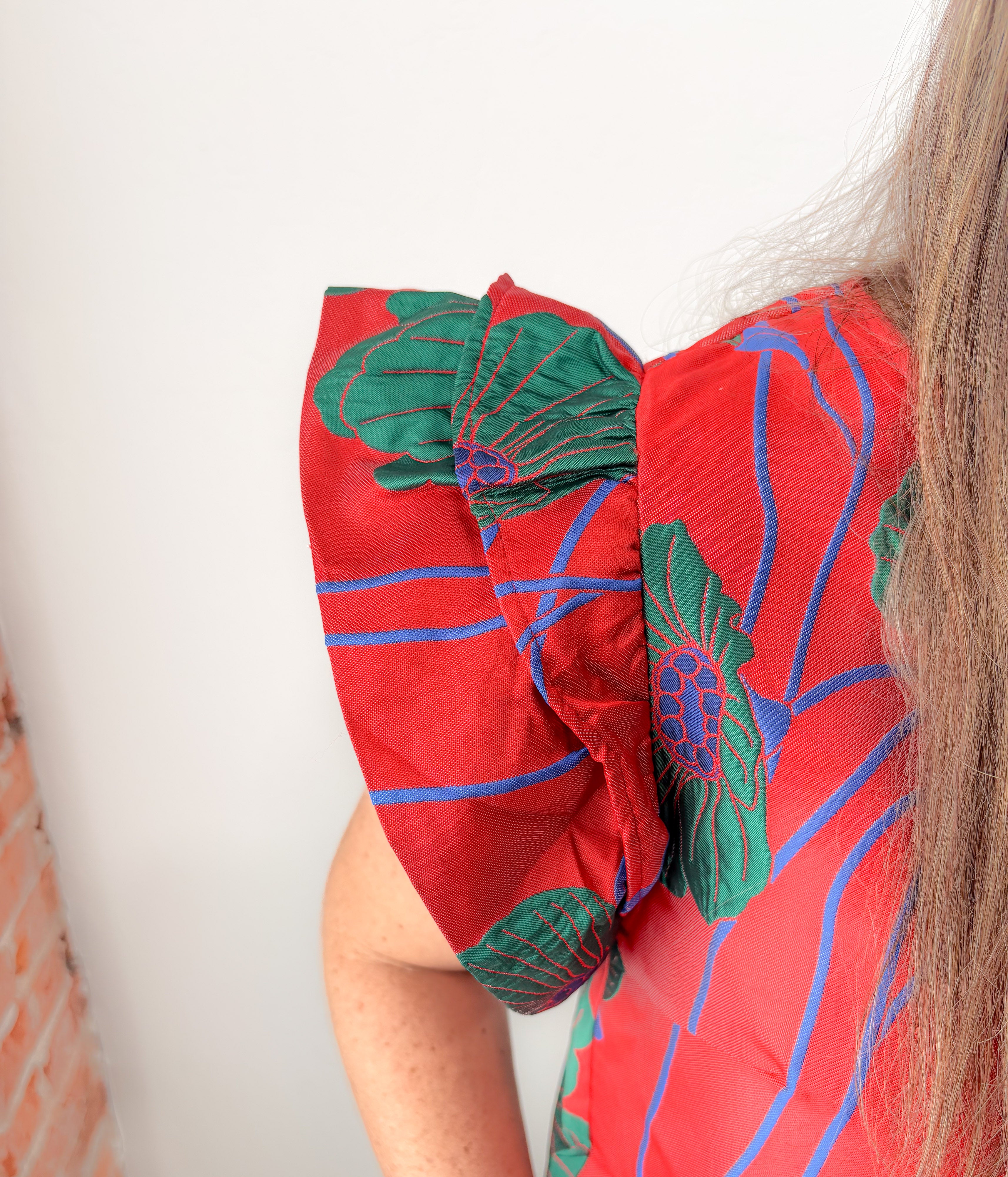 Red Floral Jacquard Ruffle Sleeve Top