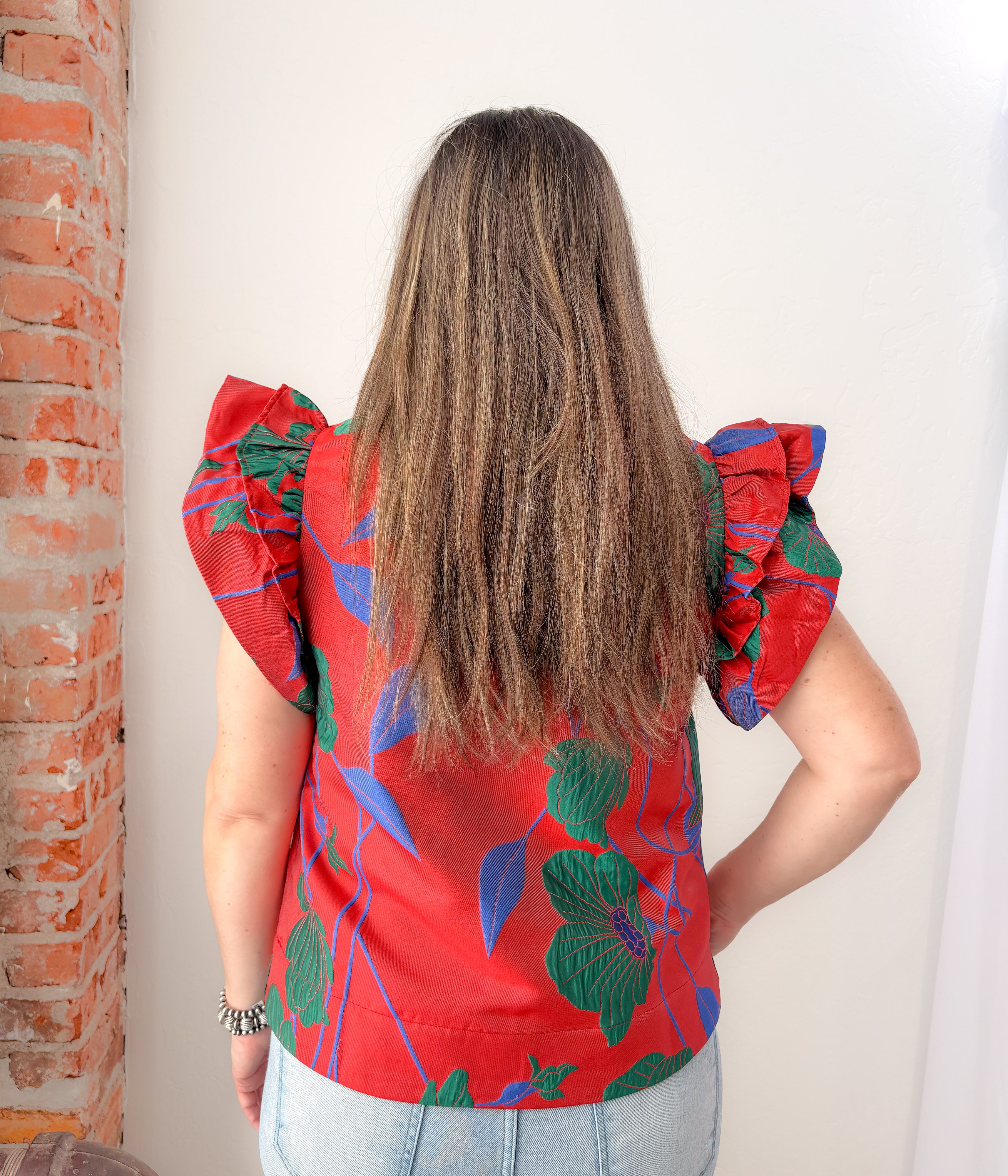 Red Floral Jacquard Ruffle Sleeve Top