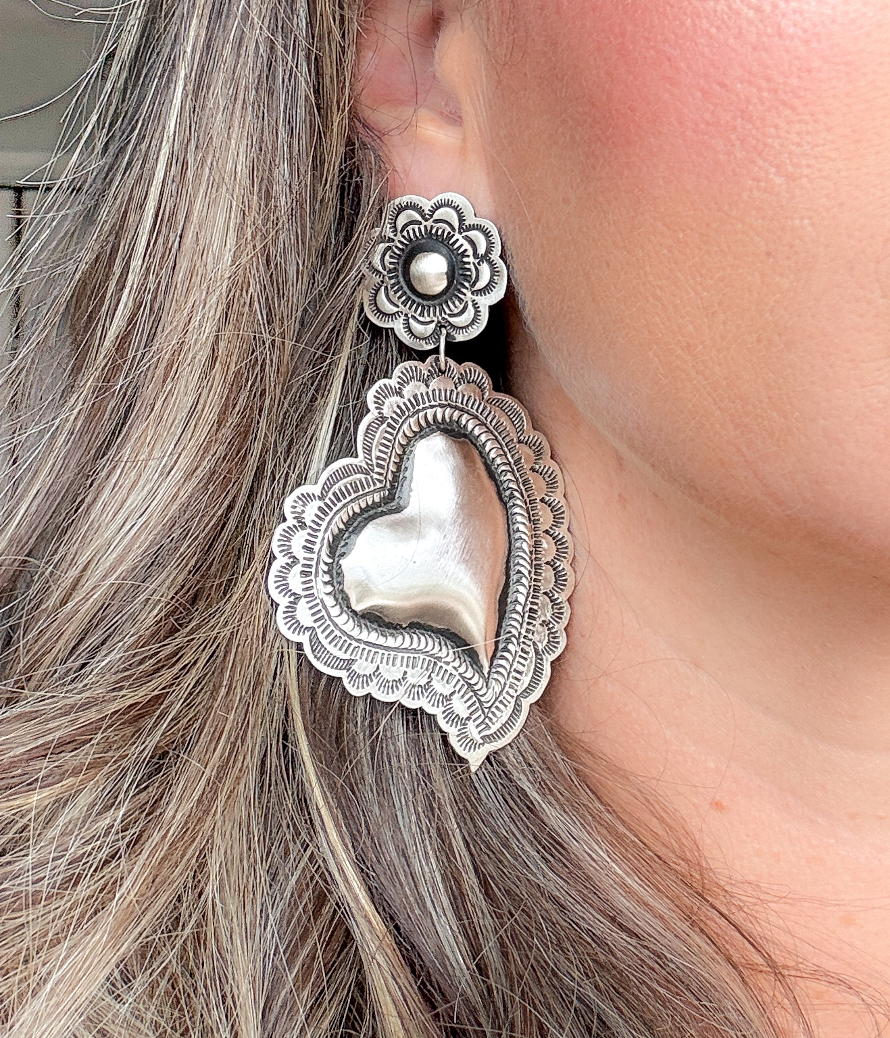 Navajo Large Silver Heart Earrings