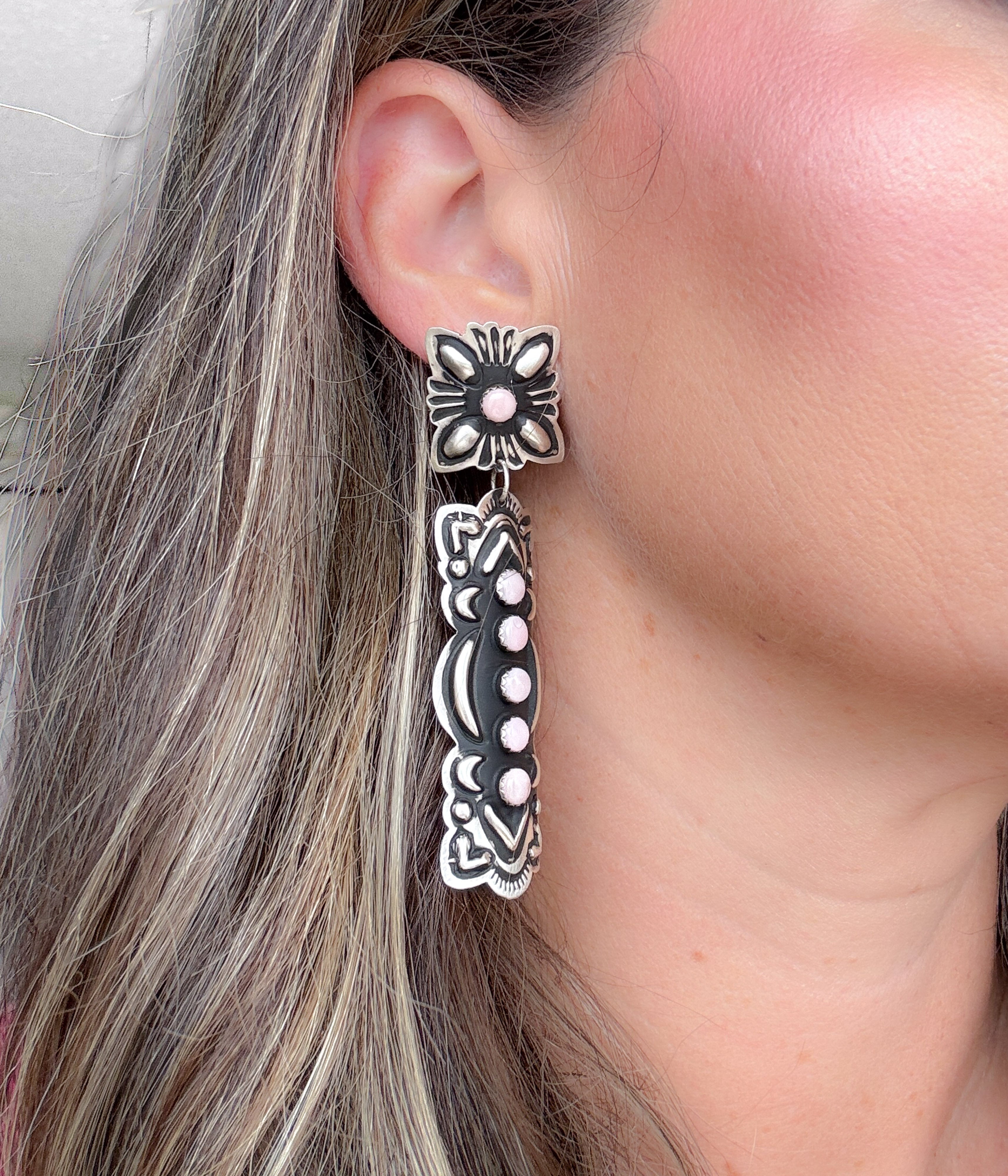 Two Piece Silver Navajo Earrings with Pink Conch