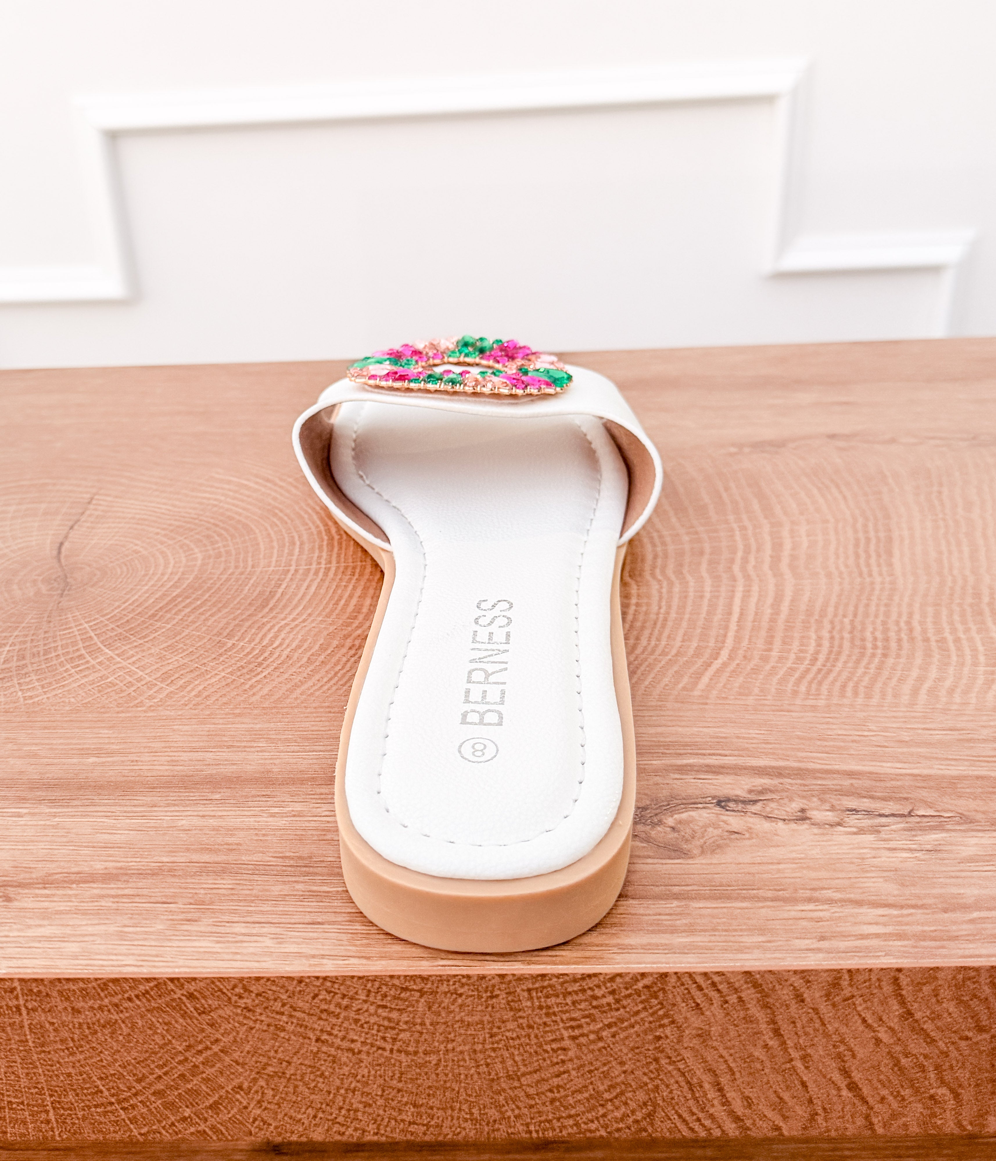 Dee Slide Sandal with Multi Color Crystal Accent in White