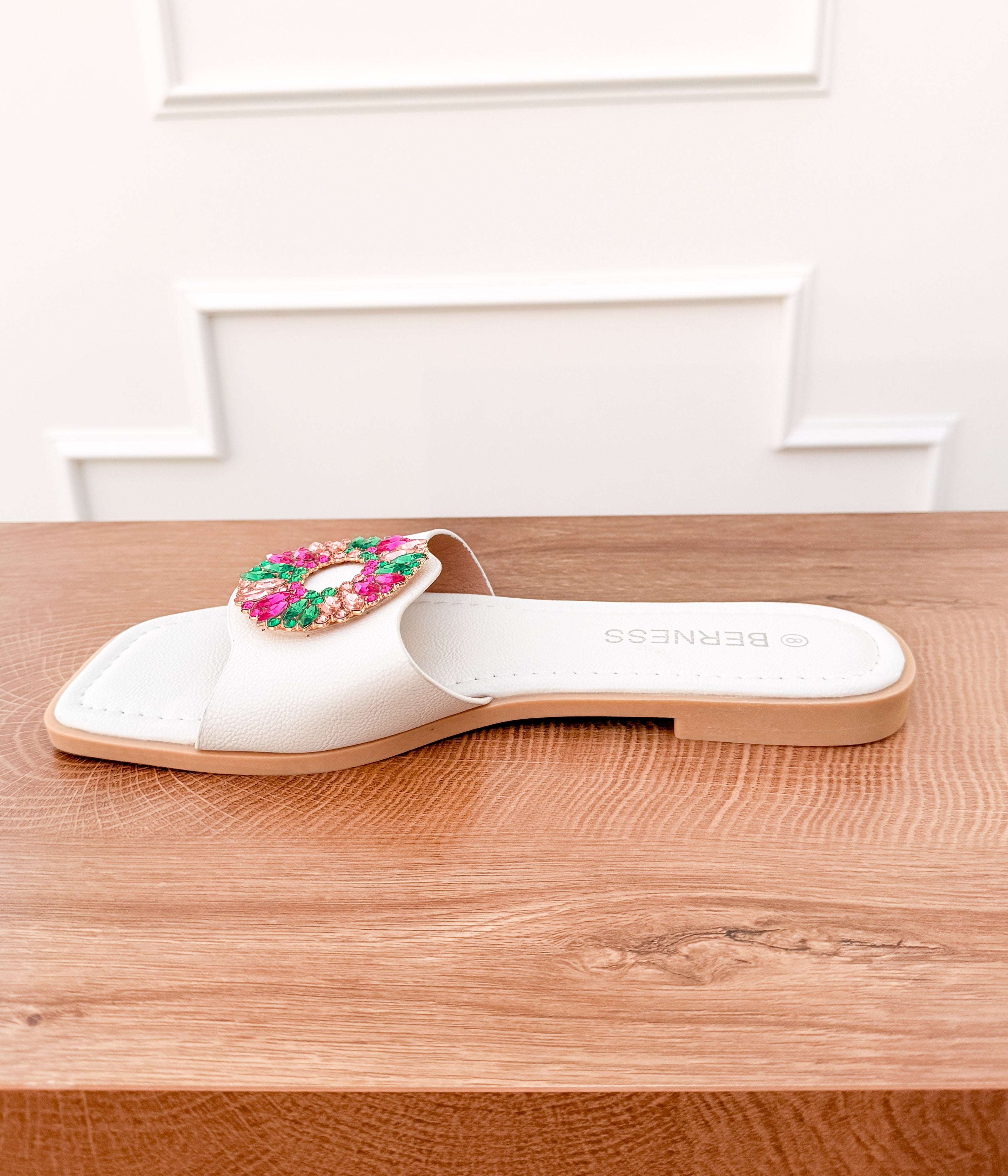 Dee Slide Sandal with Multi Color Crystal Accent in White