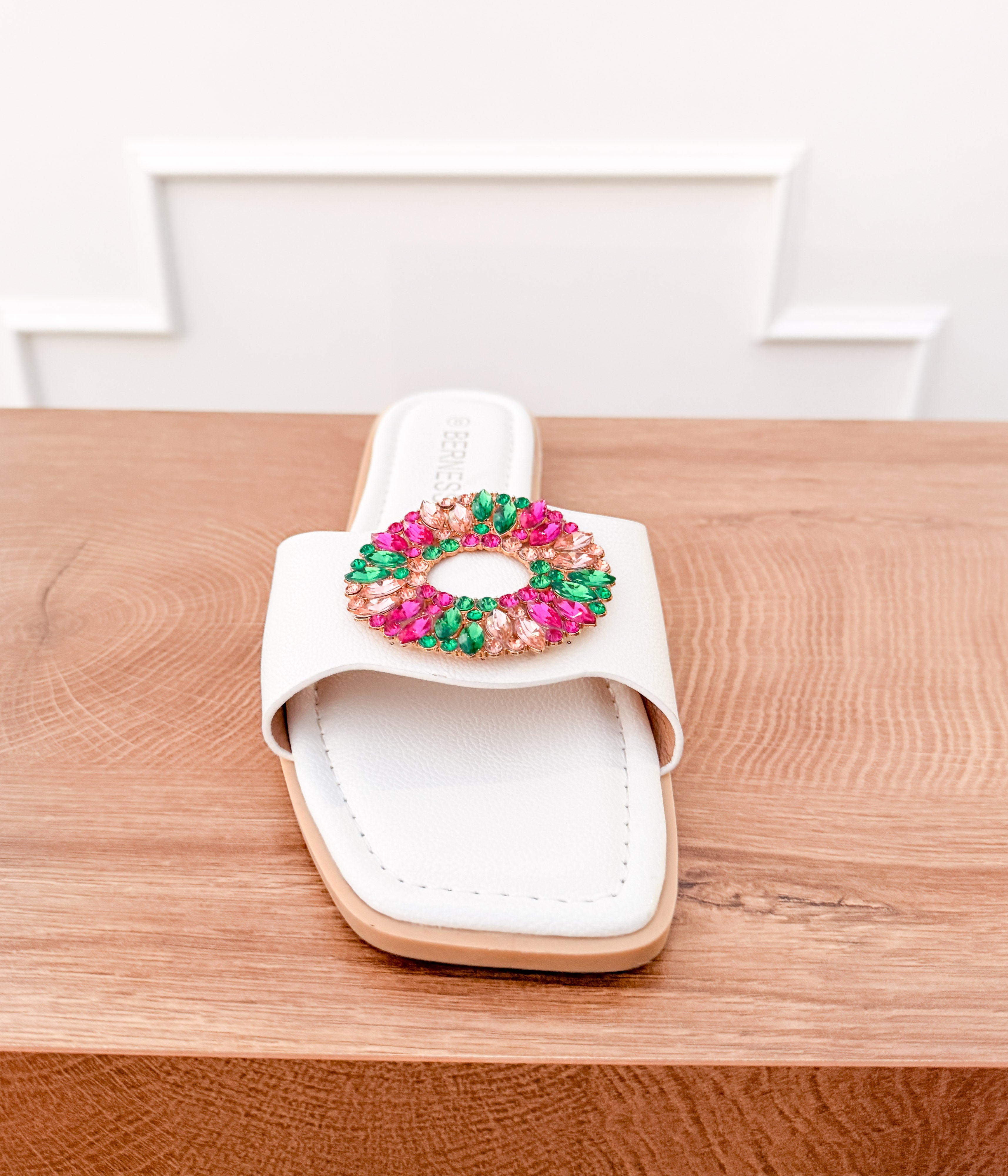 Dee Slide Sandal with Multi Color Crystal Accent in White