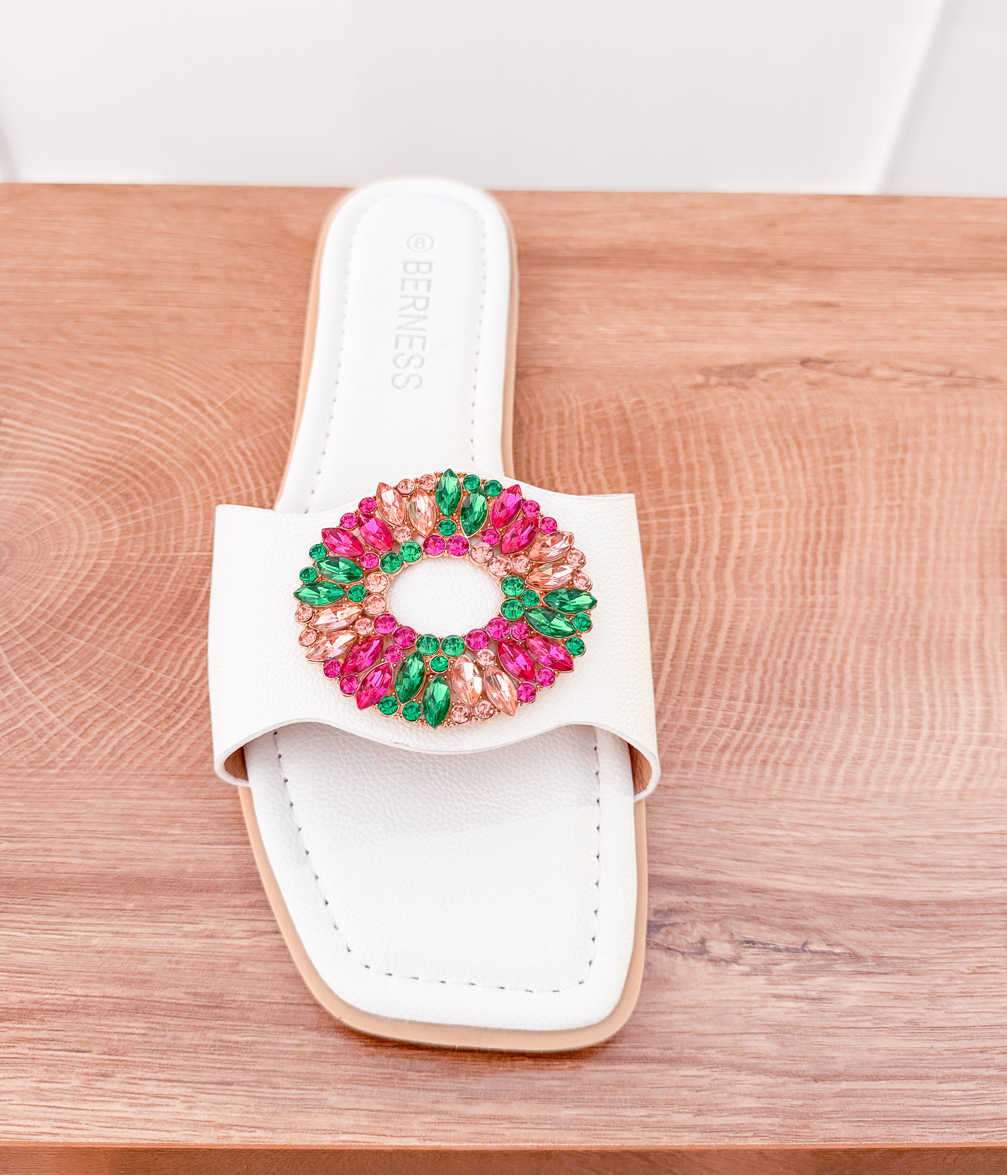 Dee Slide Sandal with Multi Color Crystal Accent in White