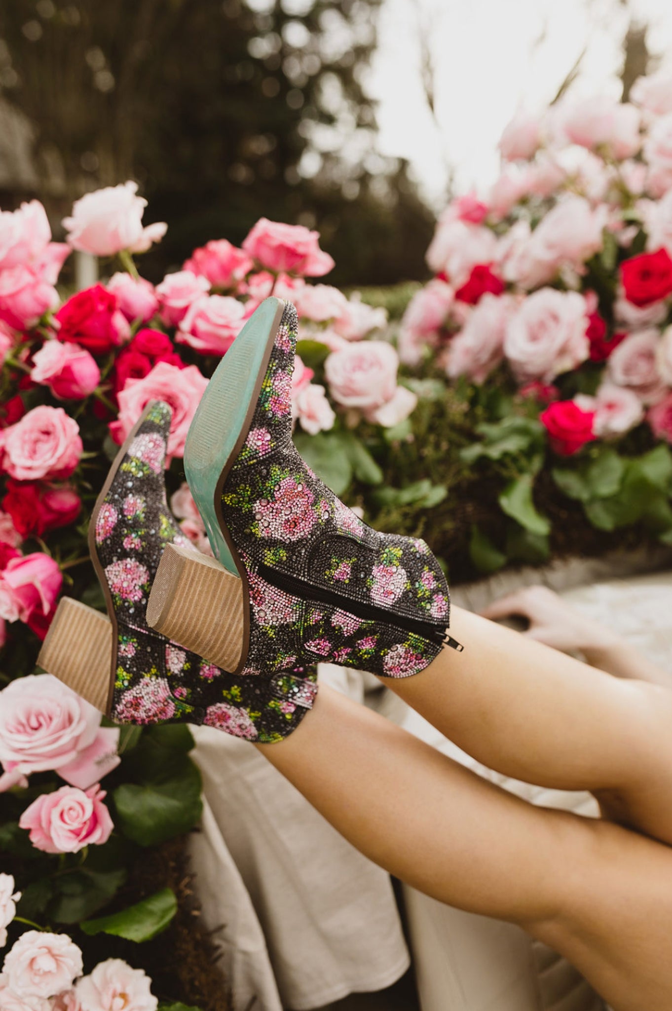 Diva Black Floral Rhinestone Ankle Boots