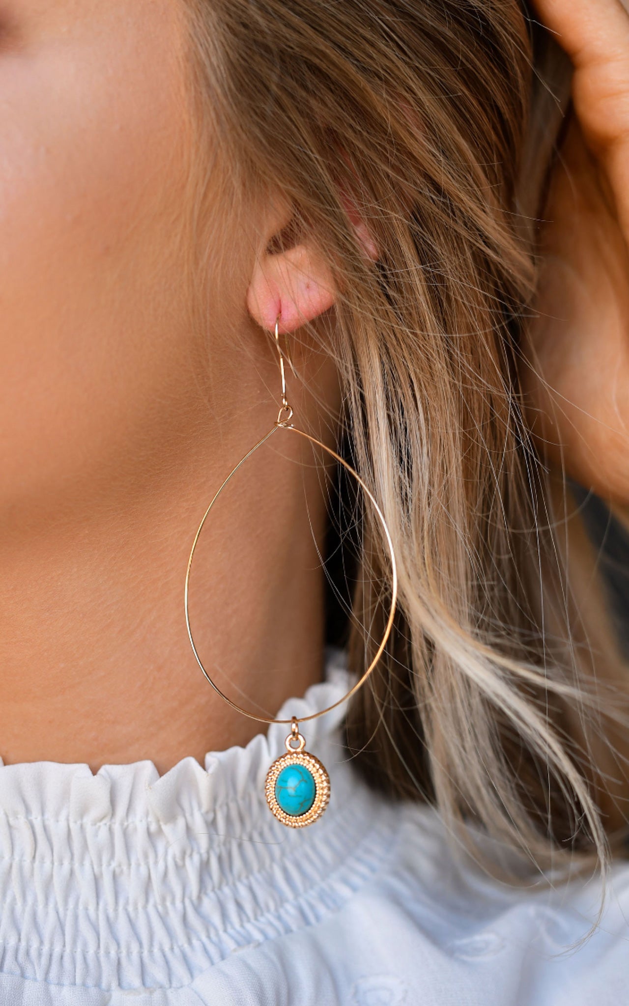 Gold Wire Hoops with Turquoise Charm Earrings