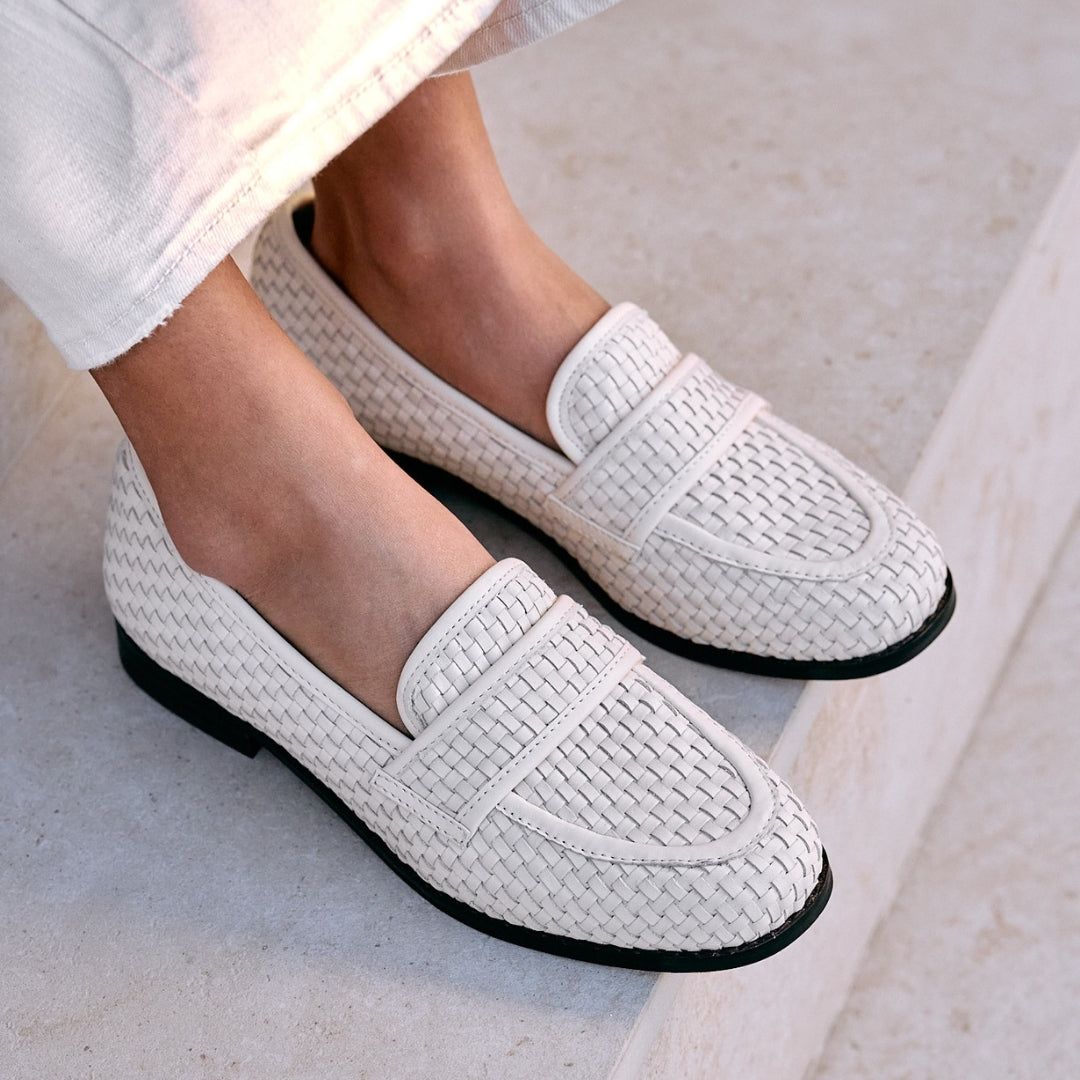 Ned Loafer – Matisse Footwear – Cream-colored woven leather loafer with a structured silhouette, round toe, and low stacked heel. A timeless menswear-inspired flat with artisanal texture and refined polish for everyday sophistication.