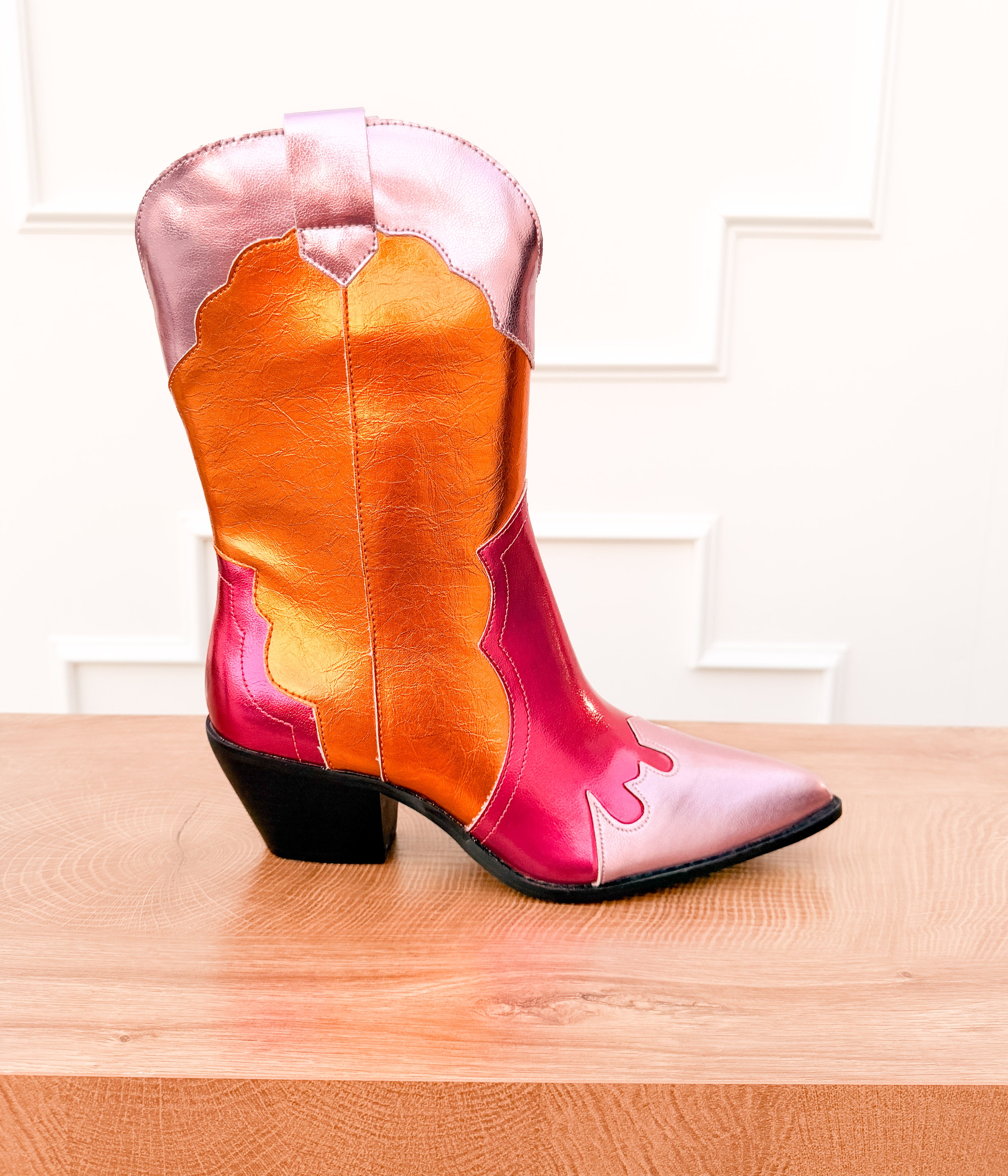 Kitty Metallic Western Boots in Pink Multi
