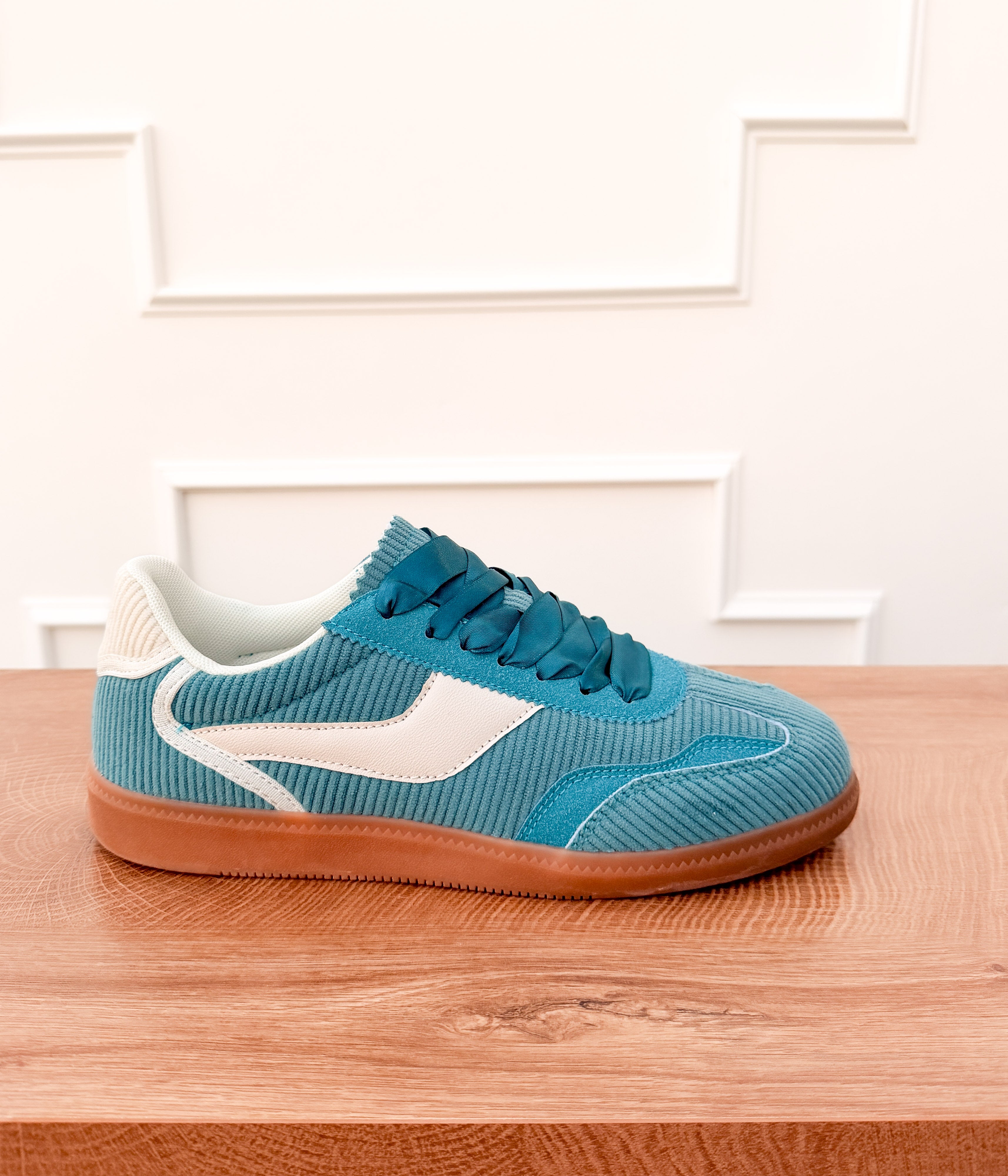 Leticia Corduroy Sneakers in Teal with Satin Laces