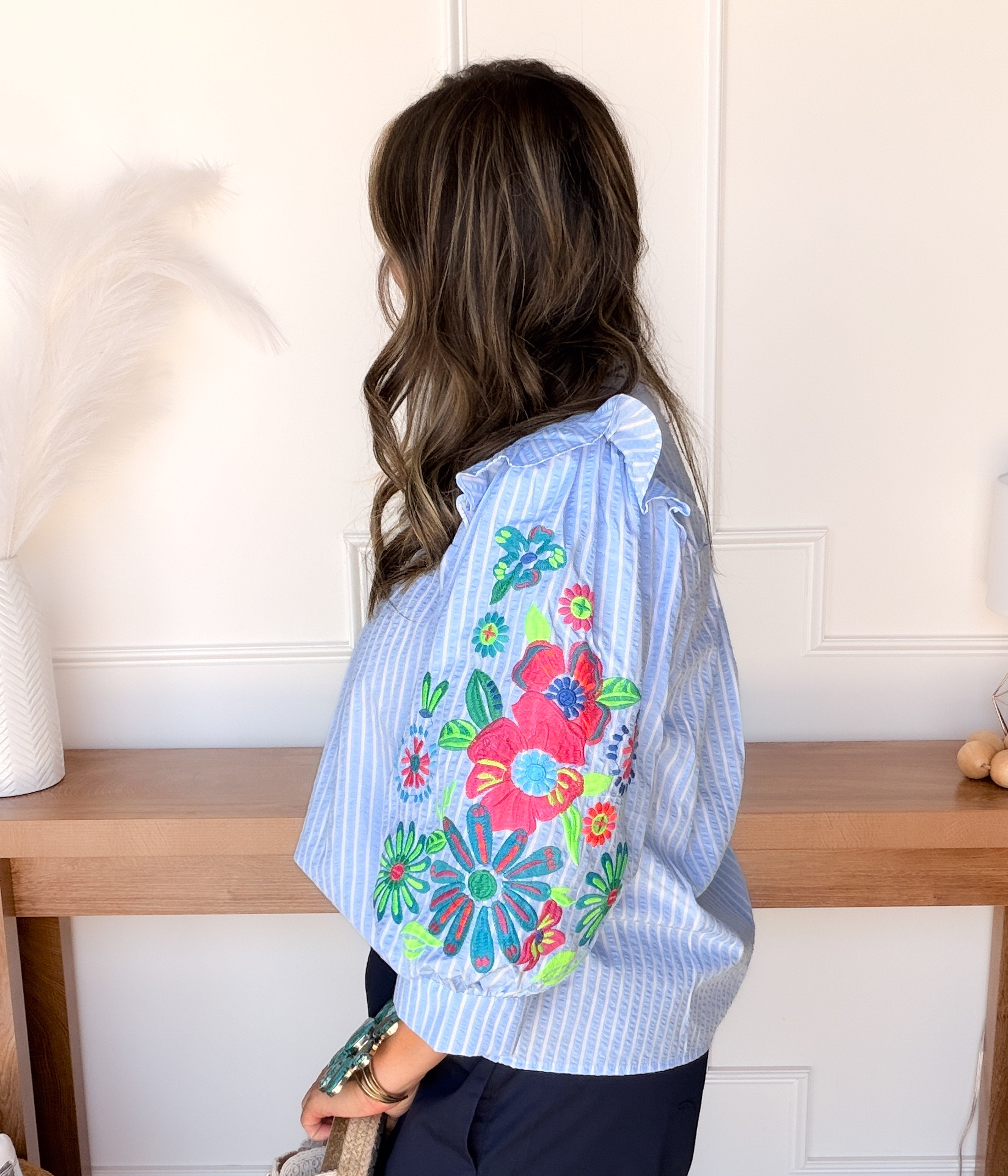 Light Blue Stripe Embroidered 3/4 Sleeve Shirt