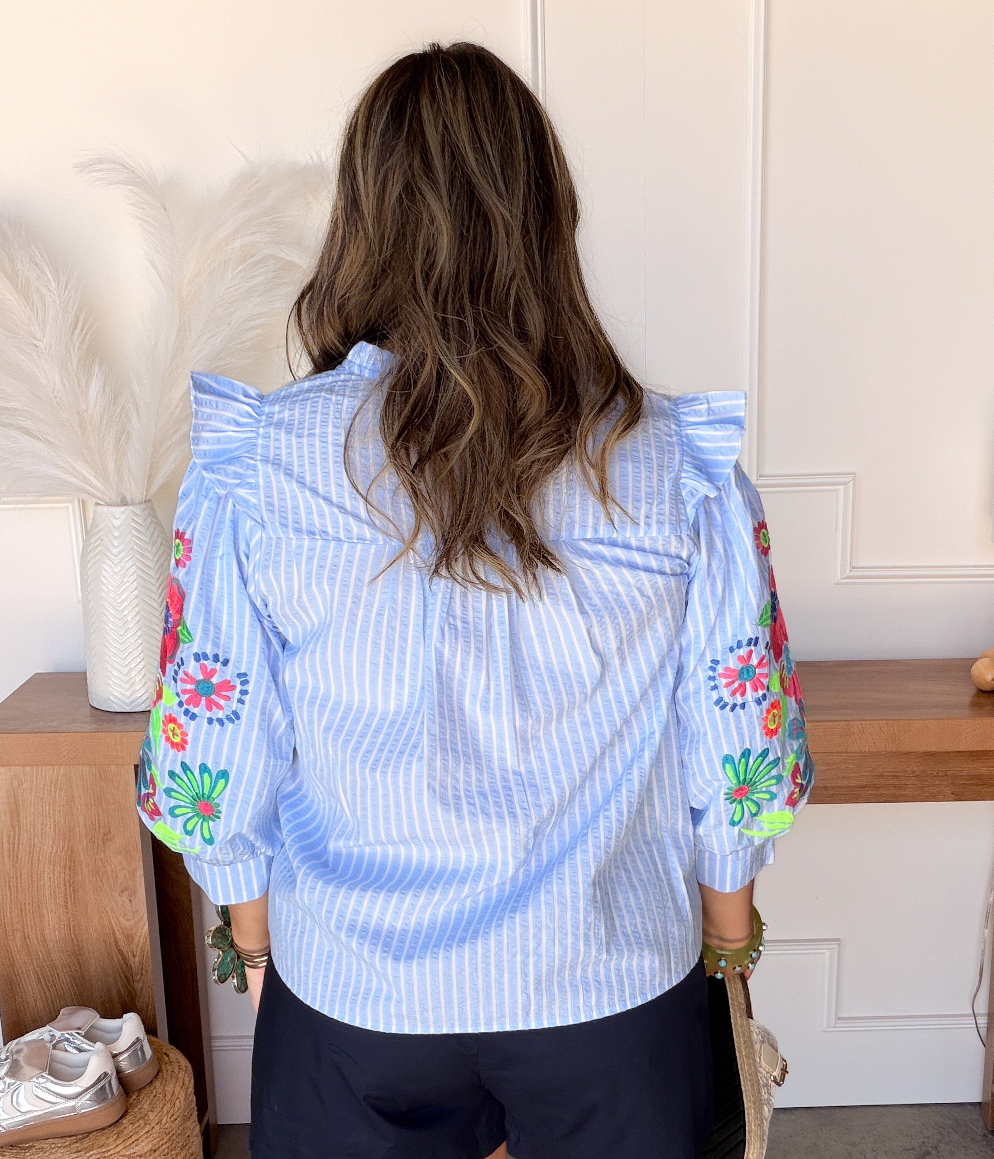 Light Blue Stripe Embroidered 3/4 Sleeve Shirt