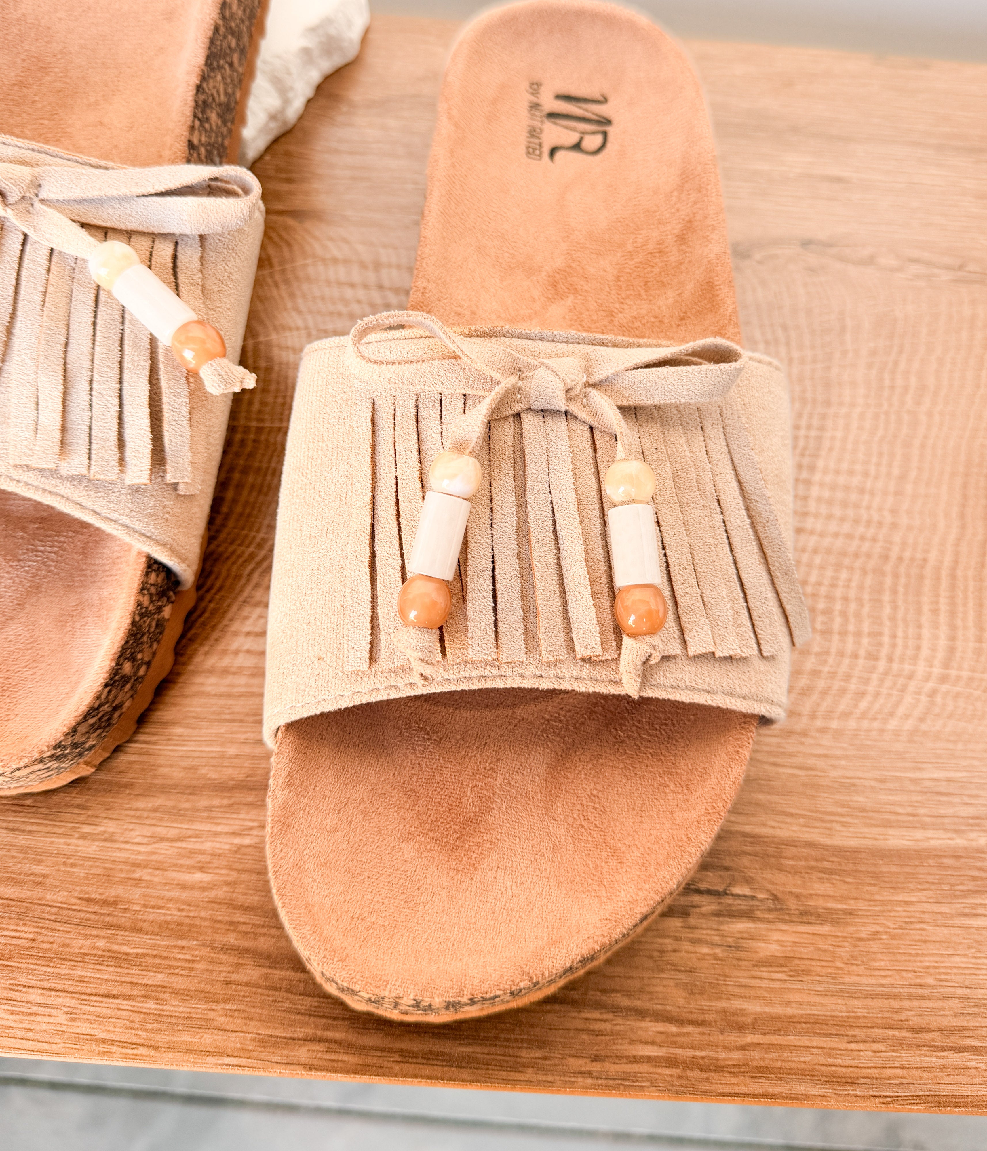 Lilliam Fringe Beaded Sandals in Beige - Rural Haze