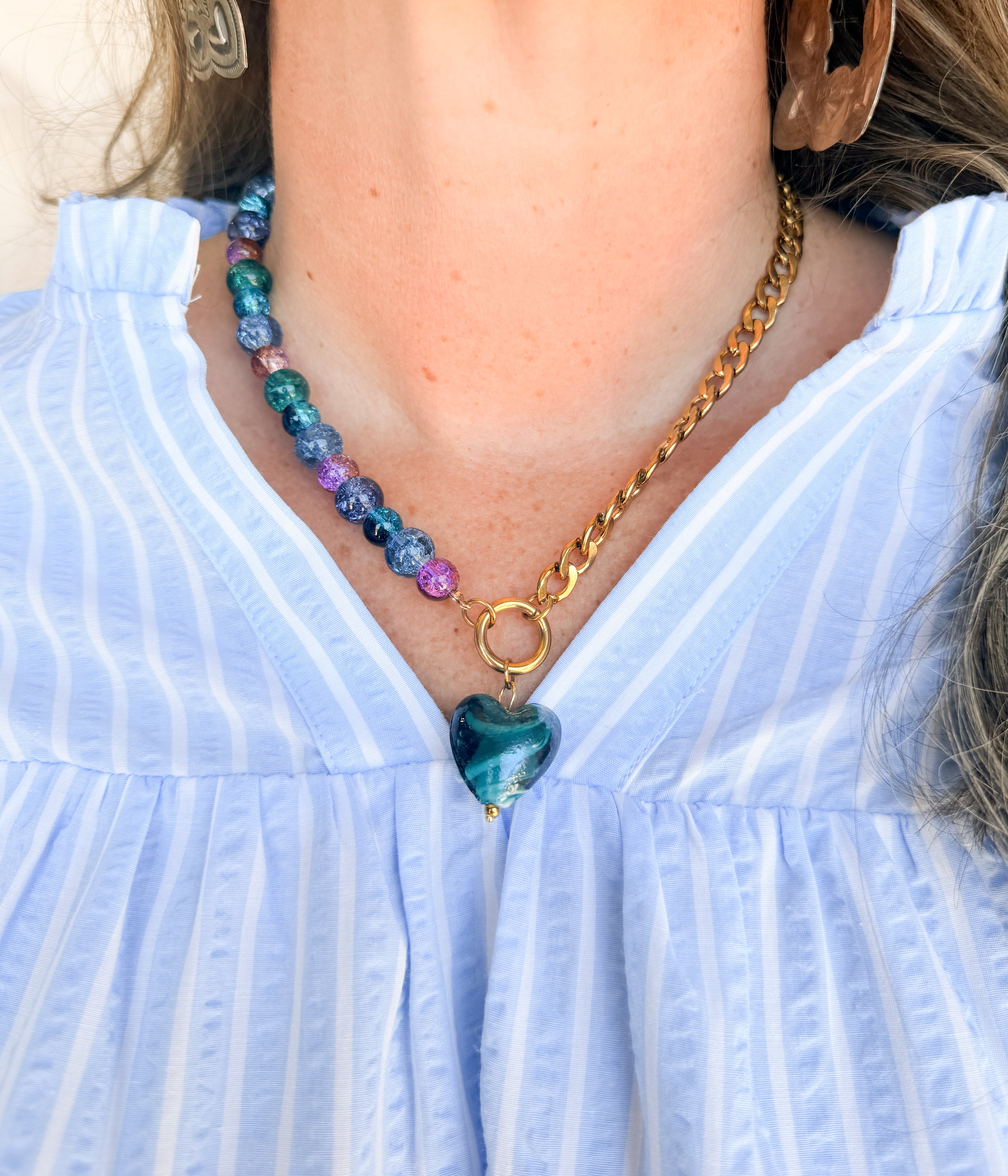 Blue Beaded Necklace with Heart Charm