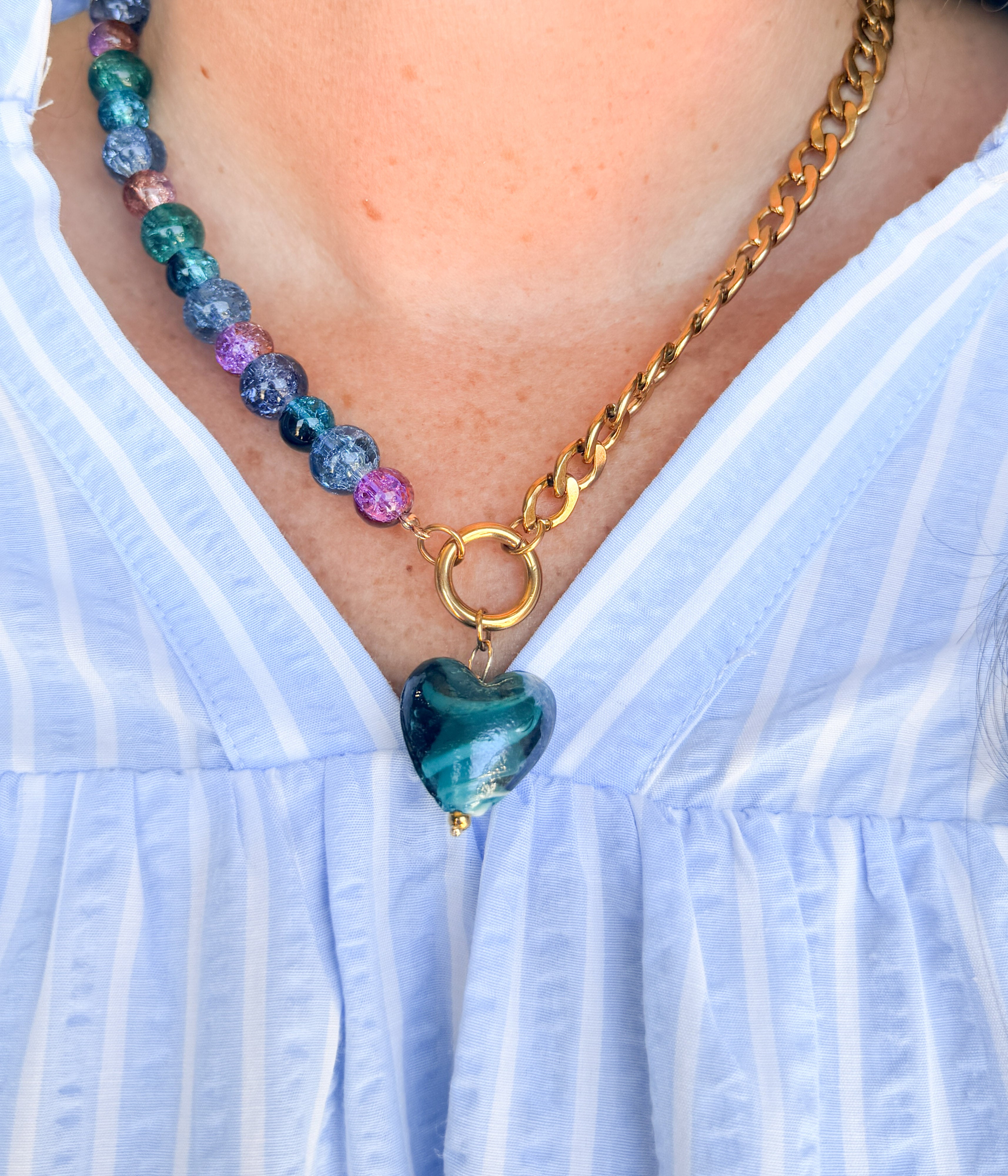 Blue Beaded Necklace with Heart Charm