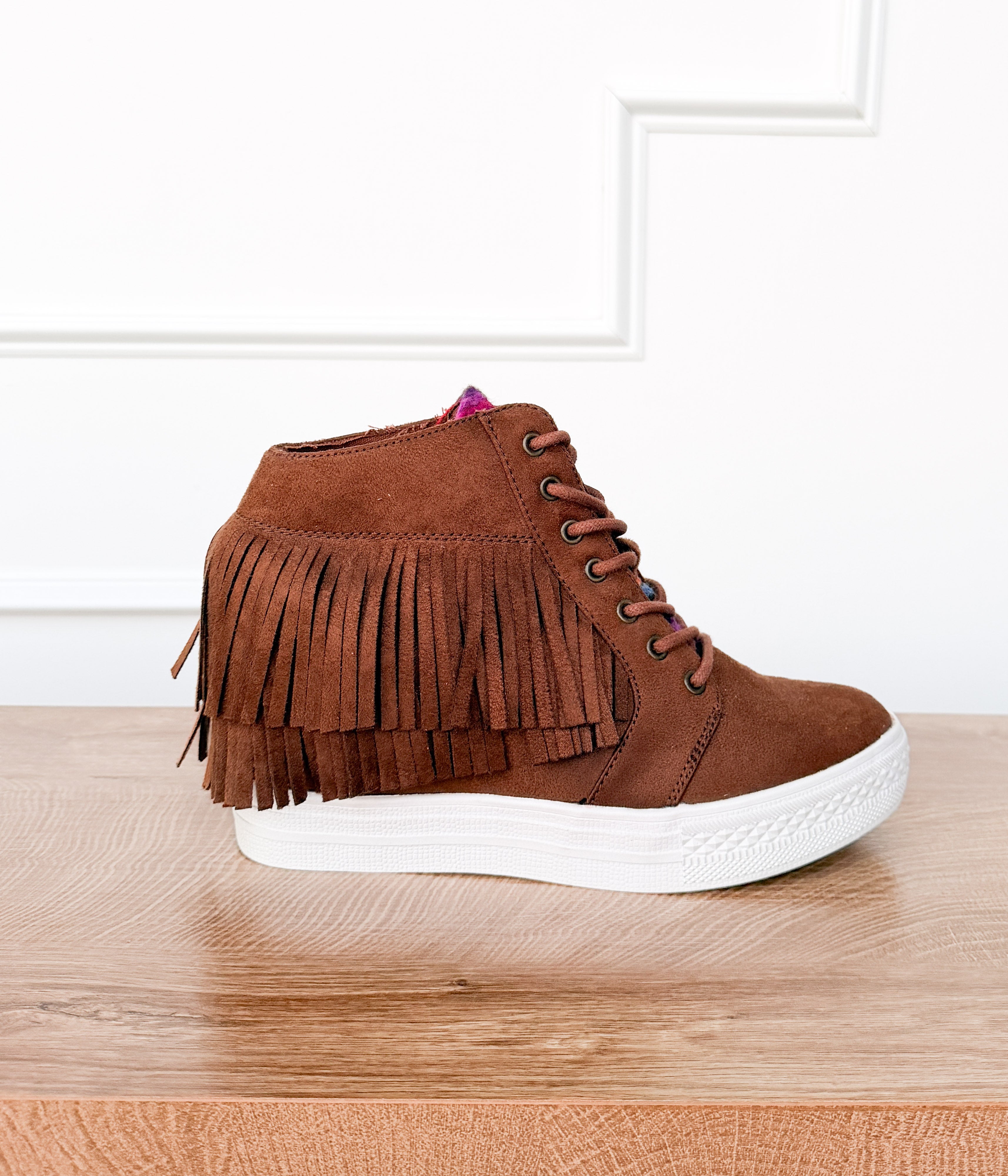 Nick Fringe Sneaker Wedge in Brown - Rural Haze