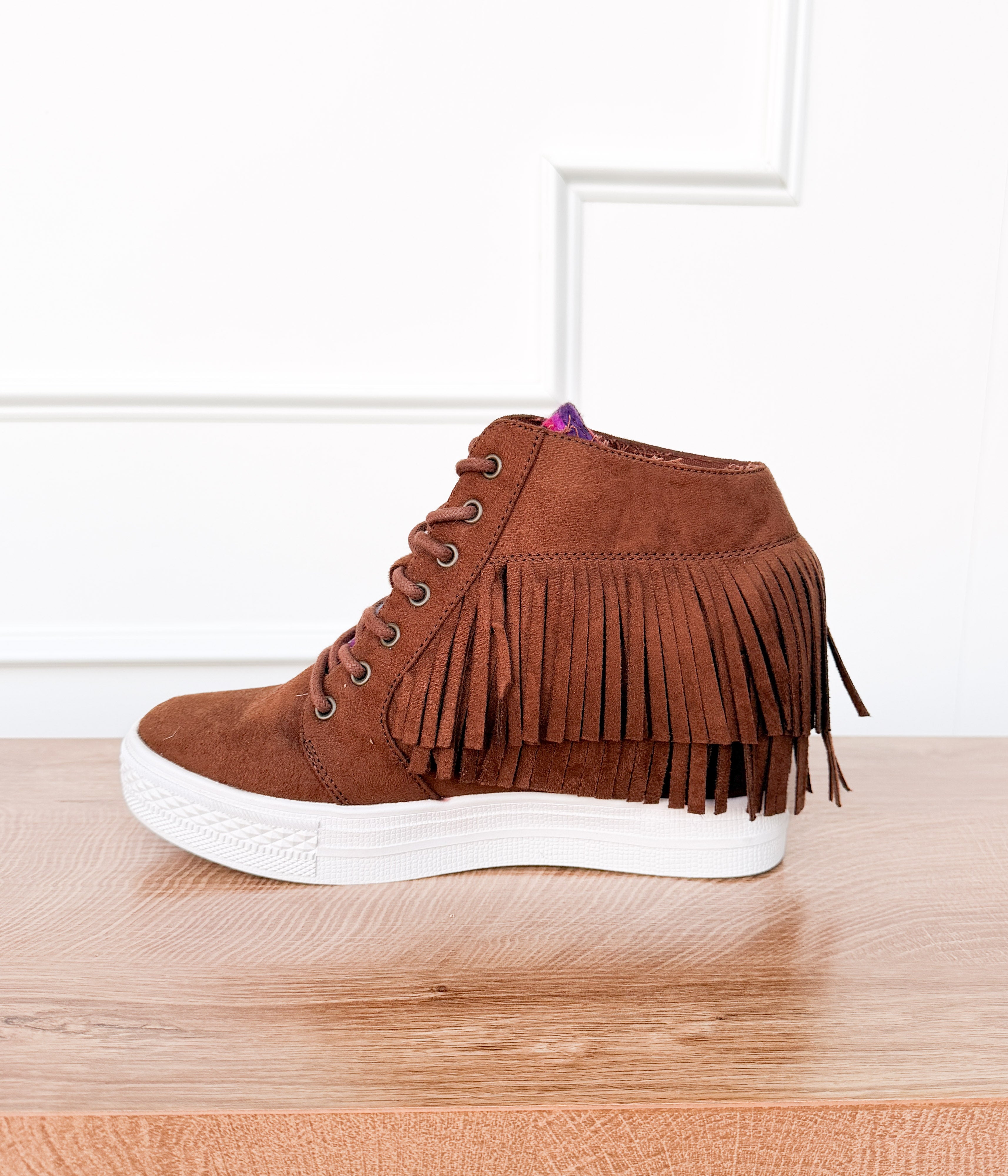 Nick Fringe Sneaker Wedge in Brown - Rural Haze