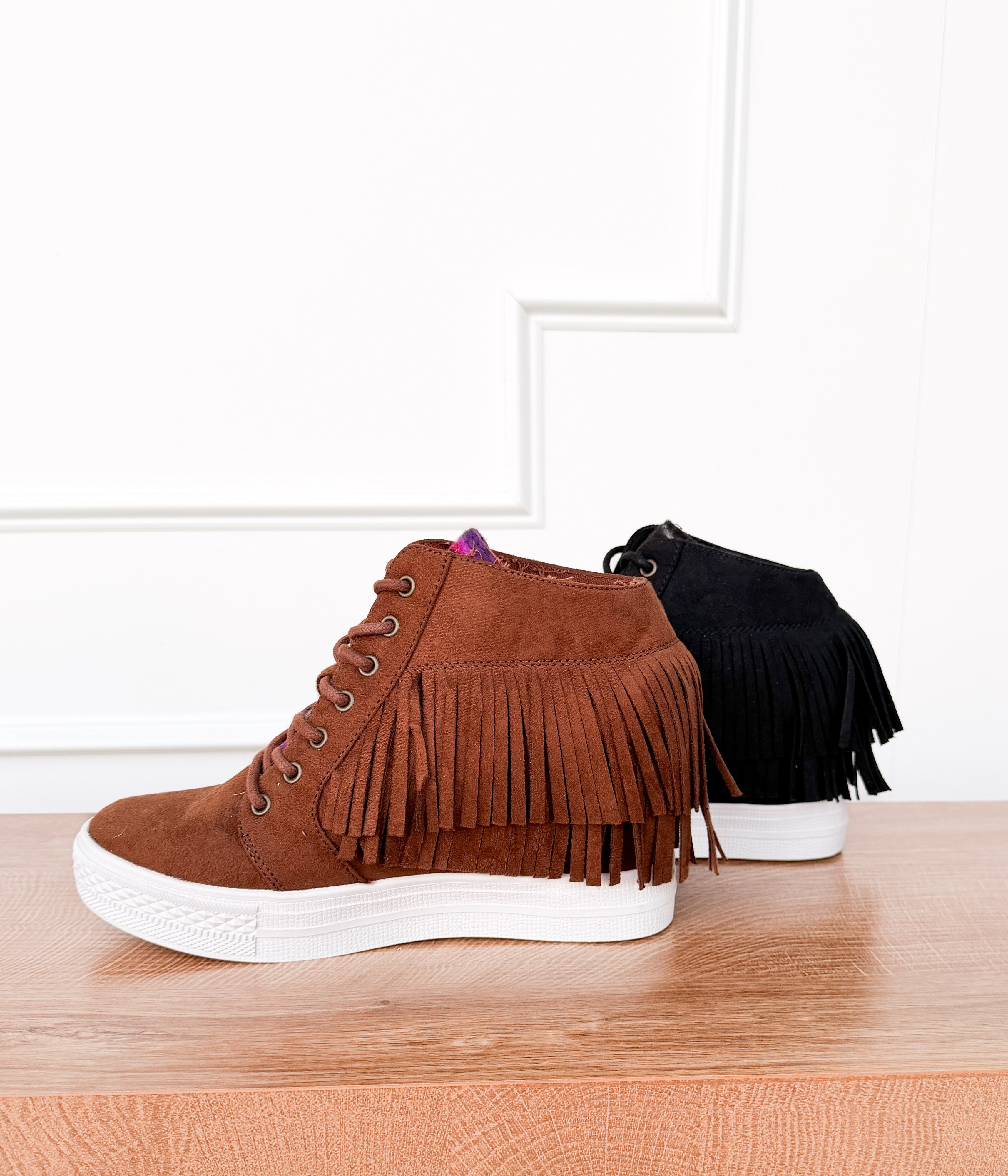 Nick Fringe Sneaker Wedge in Brown - Rural Haze