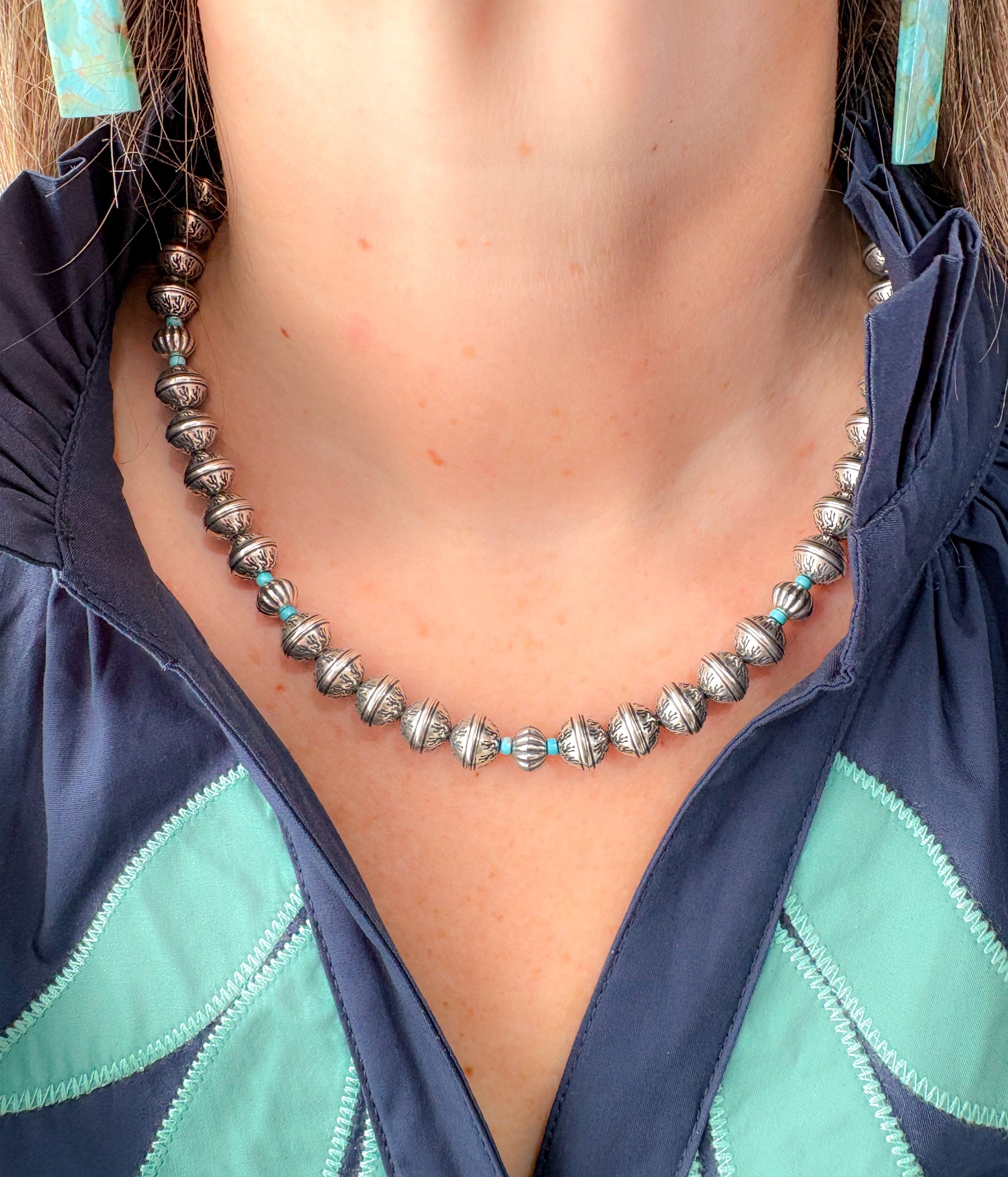 Stamped and Turquoise Bead Necklace - Rural Haze